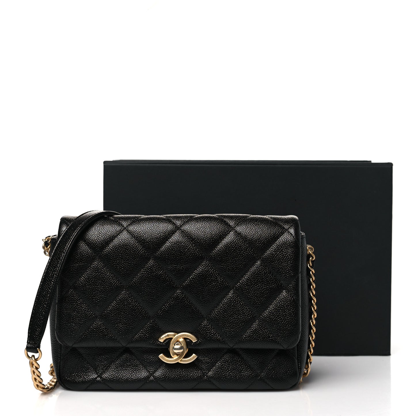 Shiny Caviar Quilted Small Chain Melody Flap Black