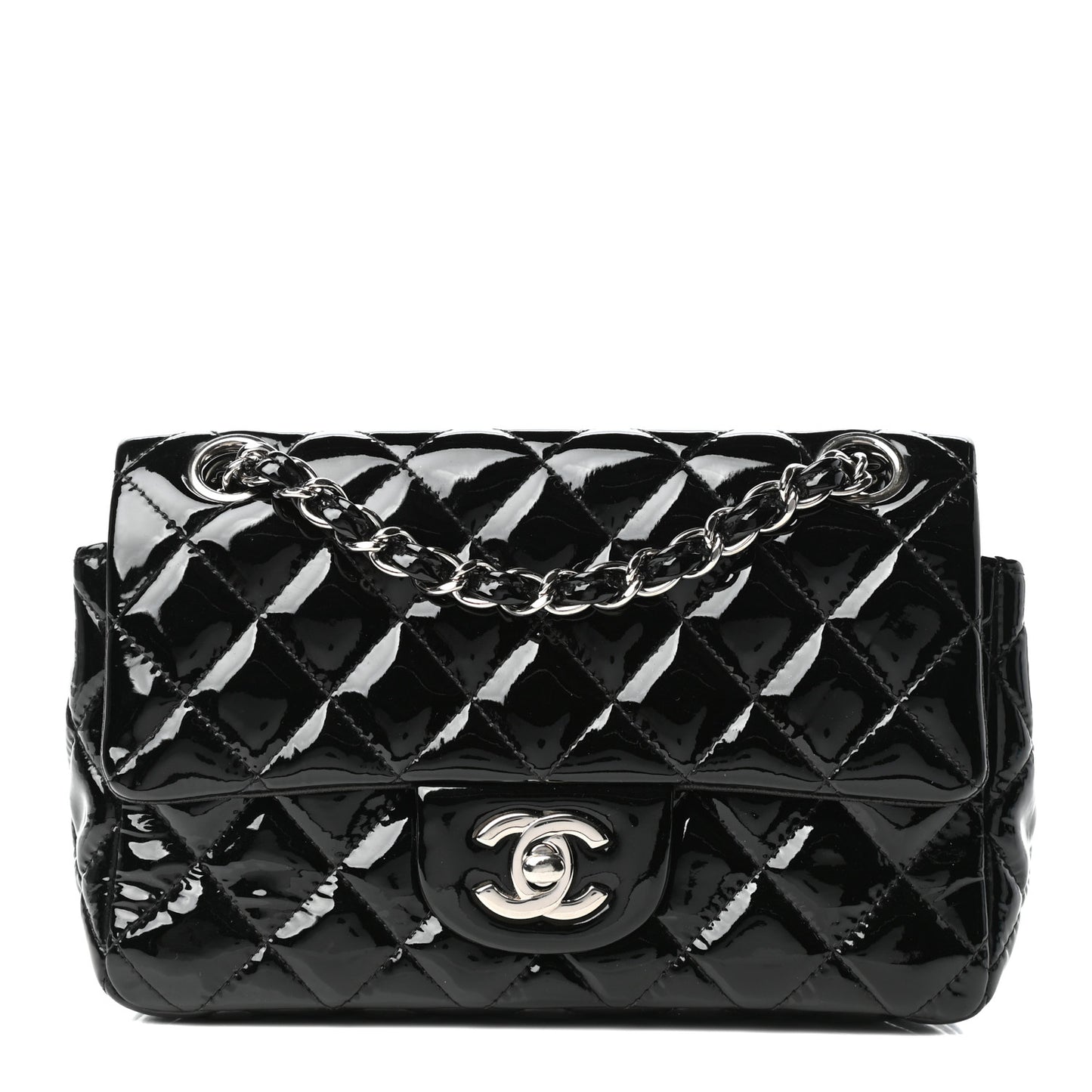 Patent Calfskin Quilted Mini Rectangular Flap Black