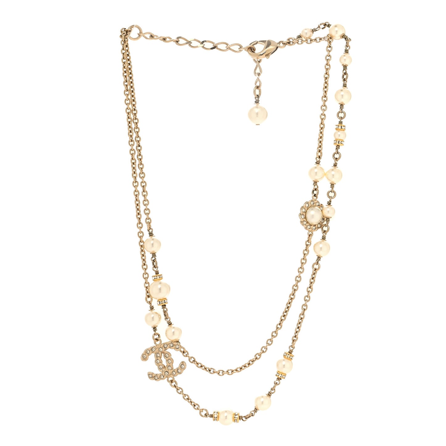 Pearl Crystal CC Lace Camellia Short Necklace Gold