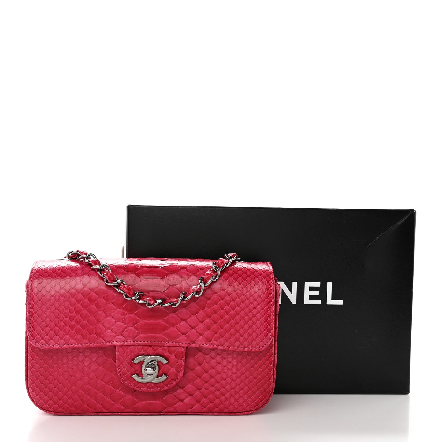 Snakeskin Mini Rectangular Flap Dark Pink