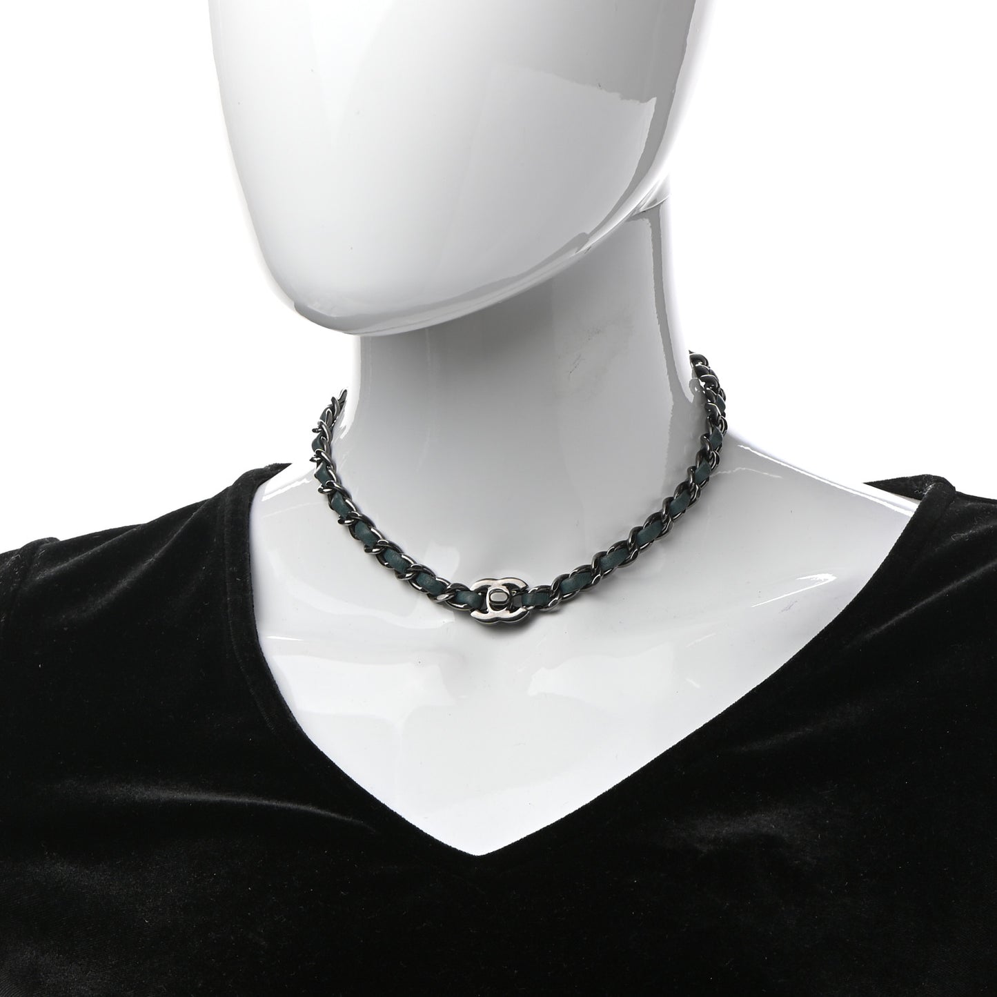 Metal Lambskin CC Chain Turn Lock Choker Necklace Turquoise