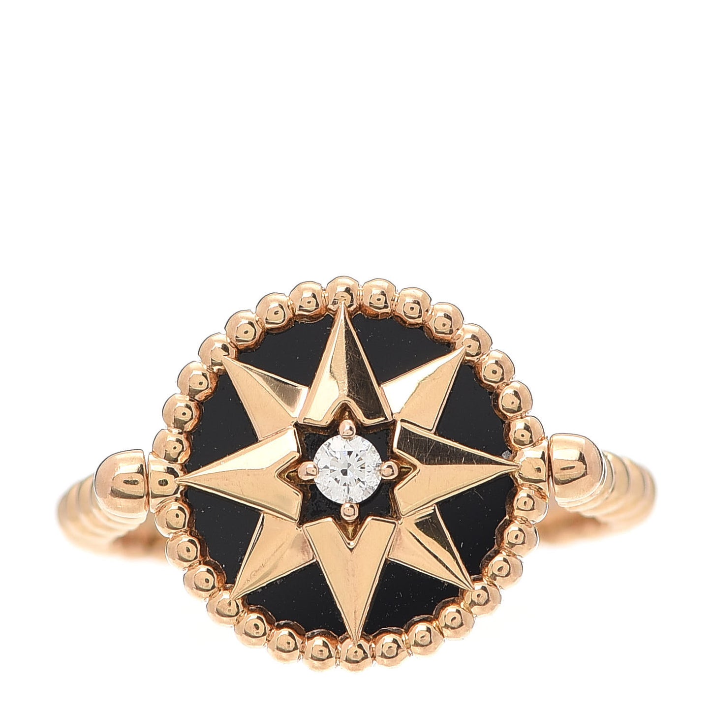 18K Yellow Gold Diamond Black Onyx Rose Des Vents Ring 50 5.25