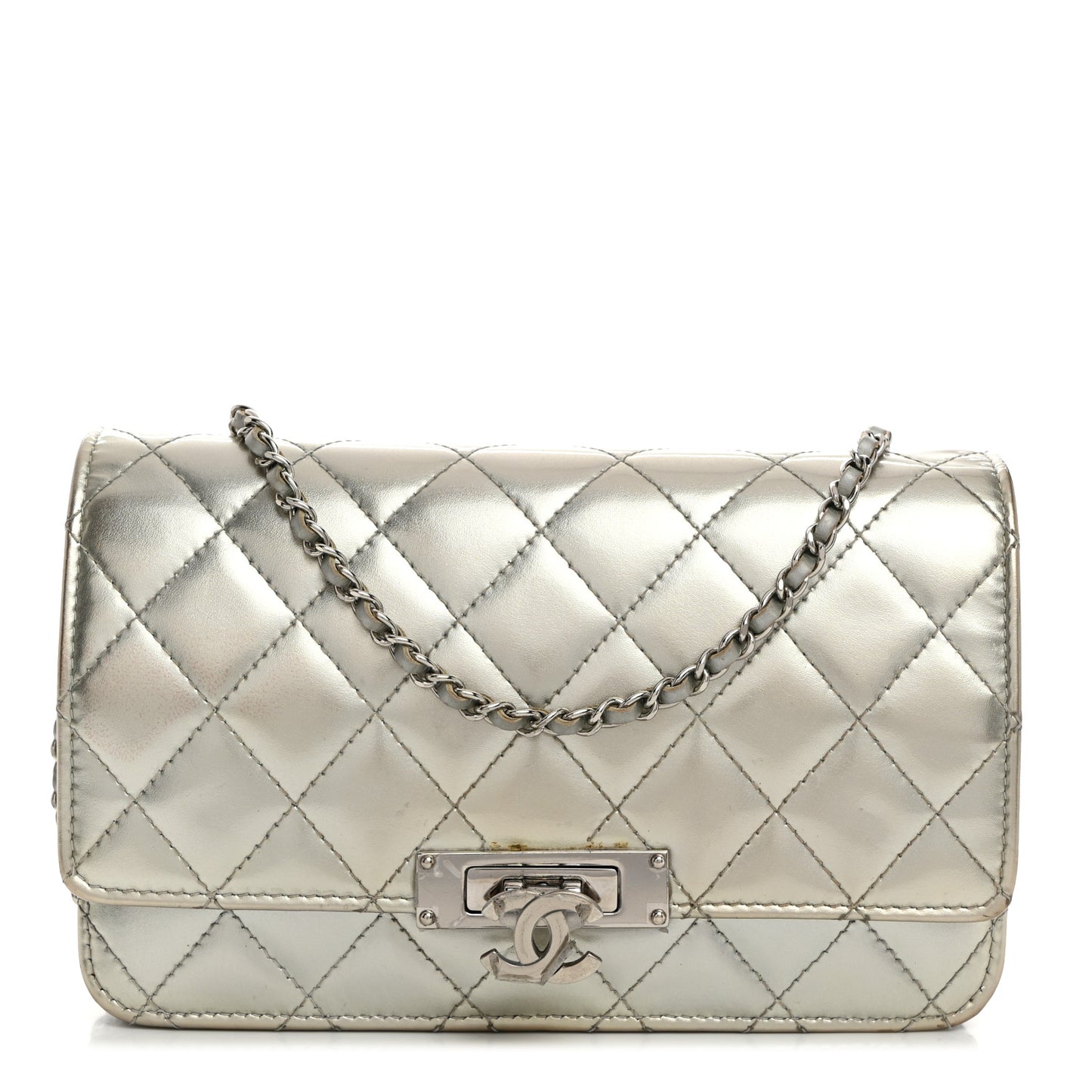 Patent Quilted Golden Class Wallet on Chain WOC Silver