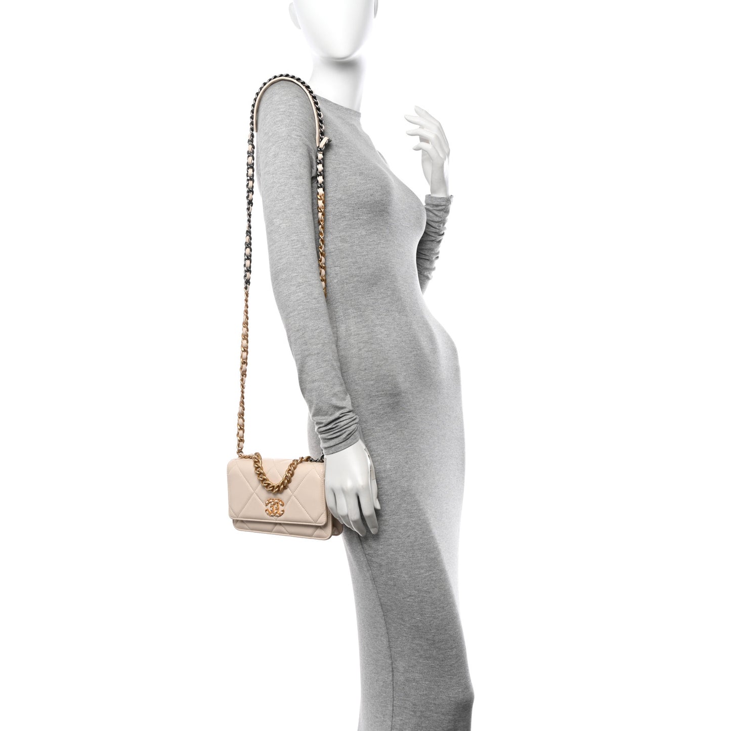 Lambskin Quilted Chanel 19 Wallet On Chain WOC Light Beige