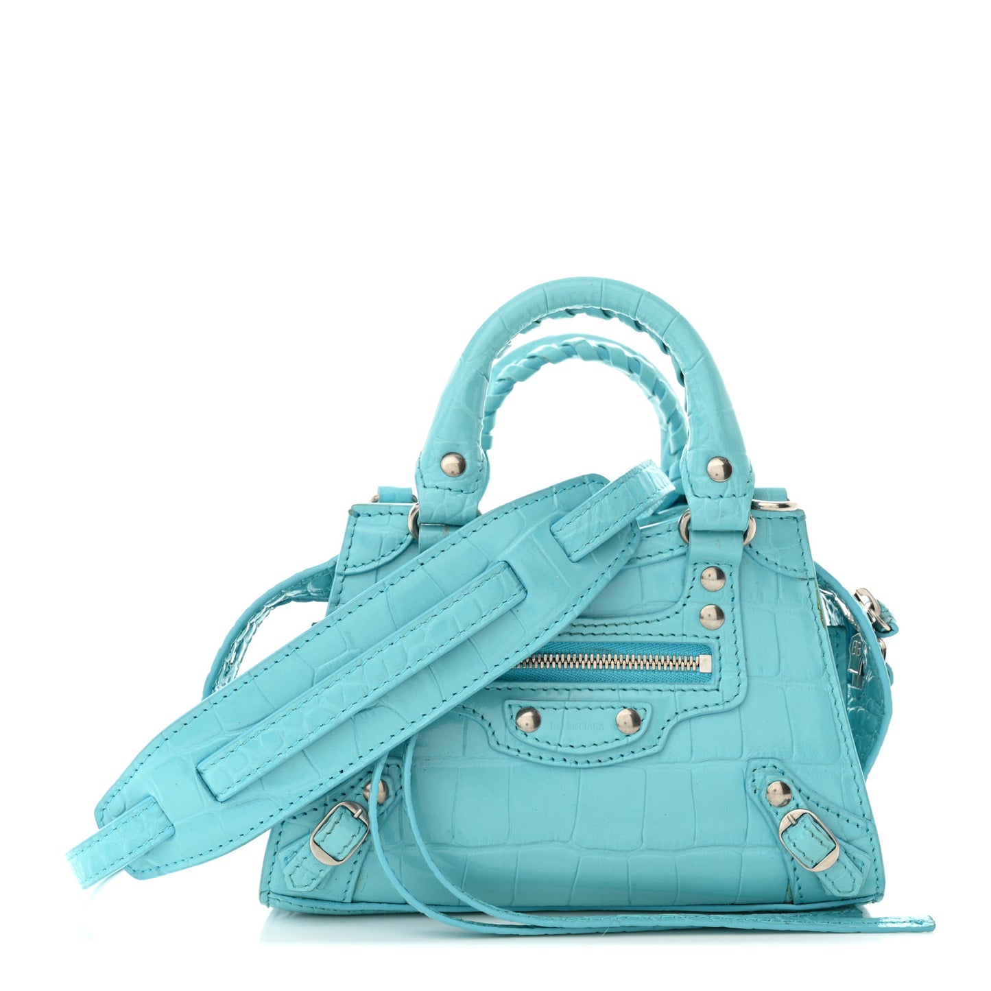 Calfskin Crocodile Embossed Neo Classic Silver Hardware Nano City Crossbody Azur