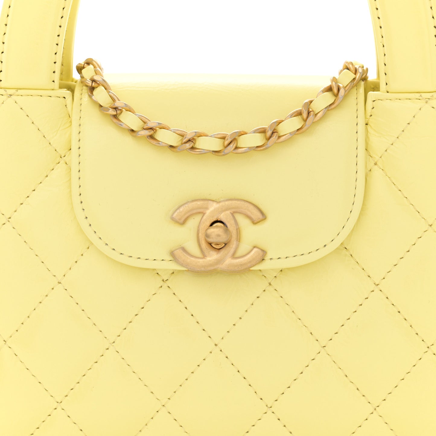 Shiny Aged Calfskin Quilted Nano Kelly Shopper Light Yellow