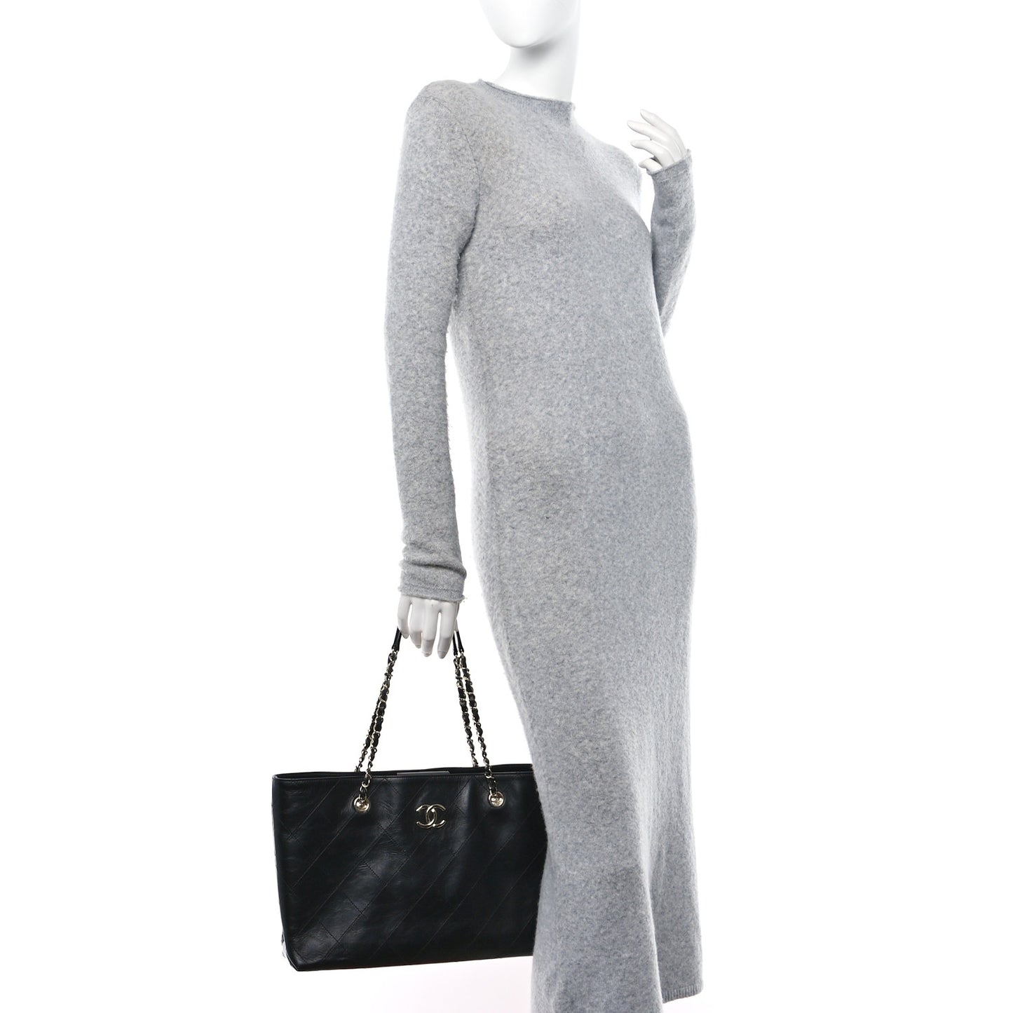 Glazed Calfskin Stitched Shopping Tote Black