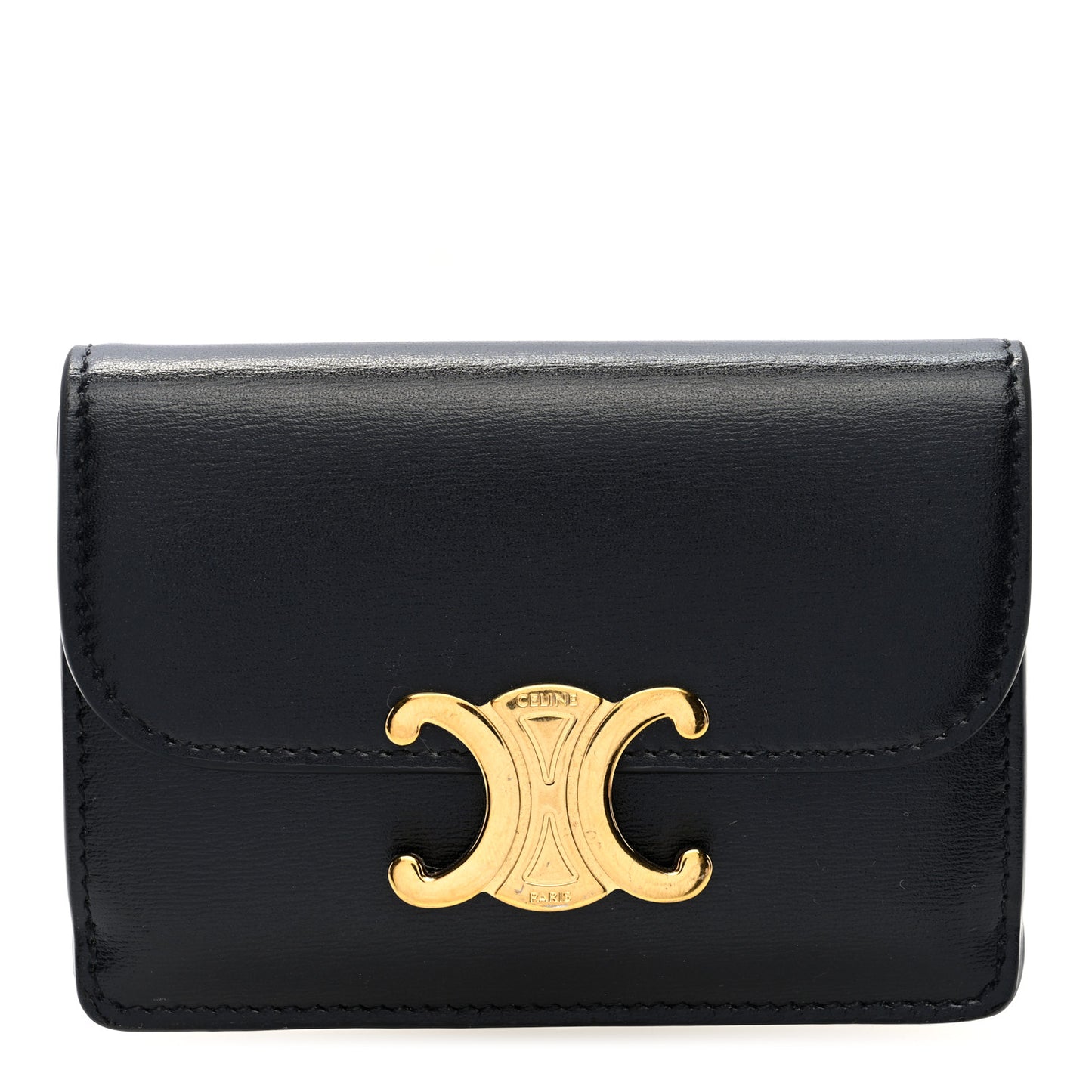 Shiny Calfskin Triomphe Flap Card Holder Black
