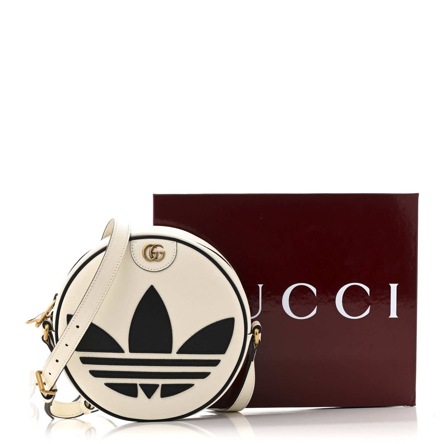 Gucci X ADIDAS Textured Dollar Calfskin Web Trefoil Logo Small Ophidia Round Shoulder Bag Off White Black 11 of 11