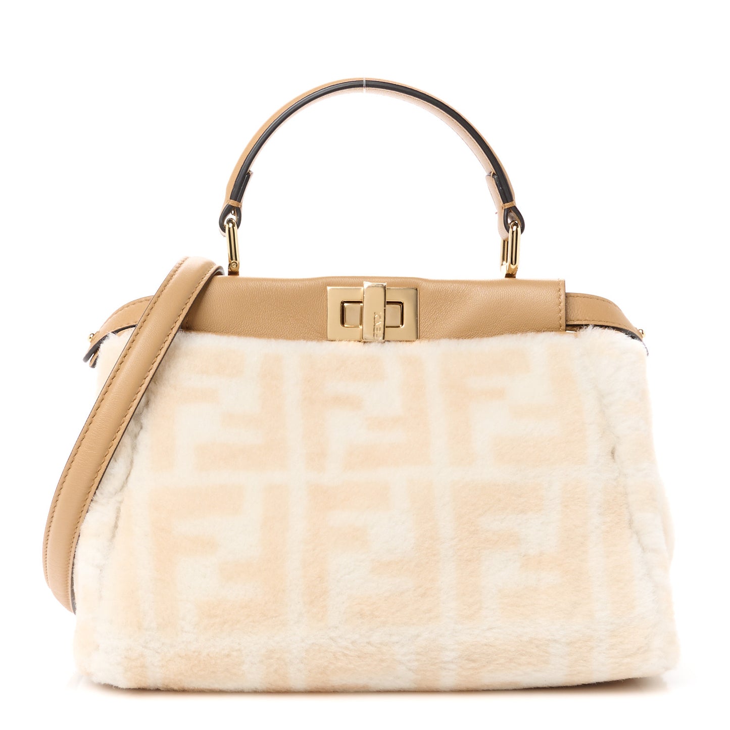 Shearling Nappa Macro FF 1974 Mini Peekaboo Iconic Satchel White Ice Cuoio Miele Scuro