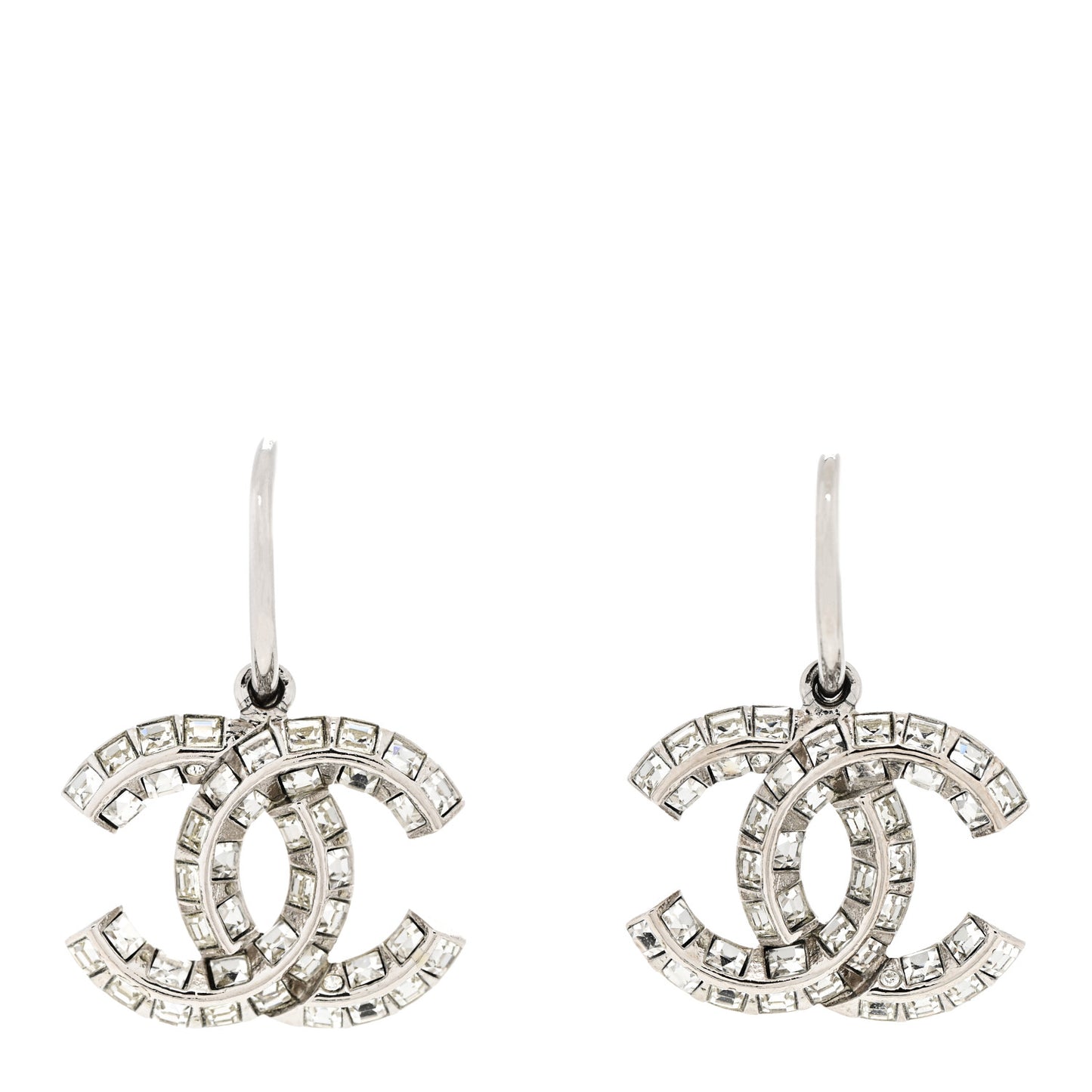 Baguette Crystal CC Drop Hoop Earrings Silver
