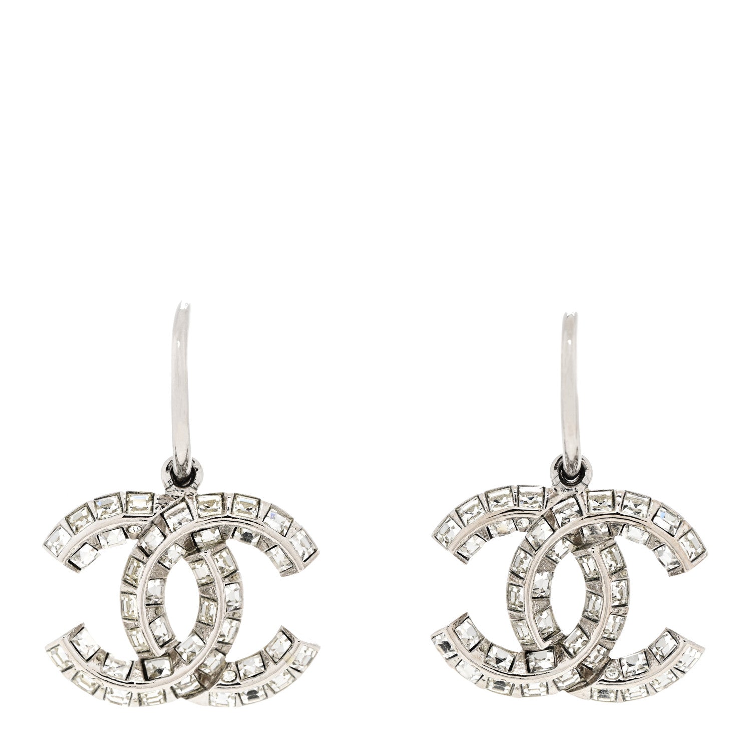 Chanel Baguette Crystal CC Drop Hoop Earrings Silver 1 of 4