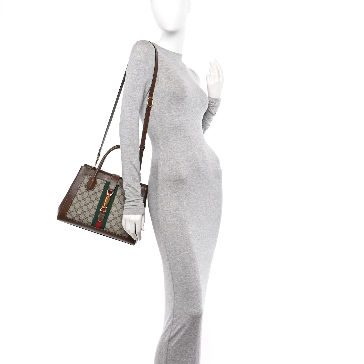 Gucci GG Supreme Monogram Azalea Calfskin Web Medium Jackie 1961 Tote Beige Ebony Brown Sugar 2 of 12