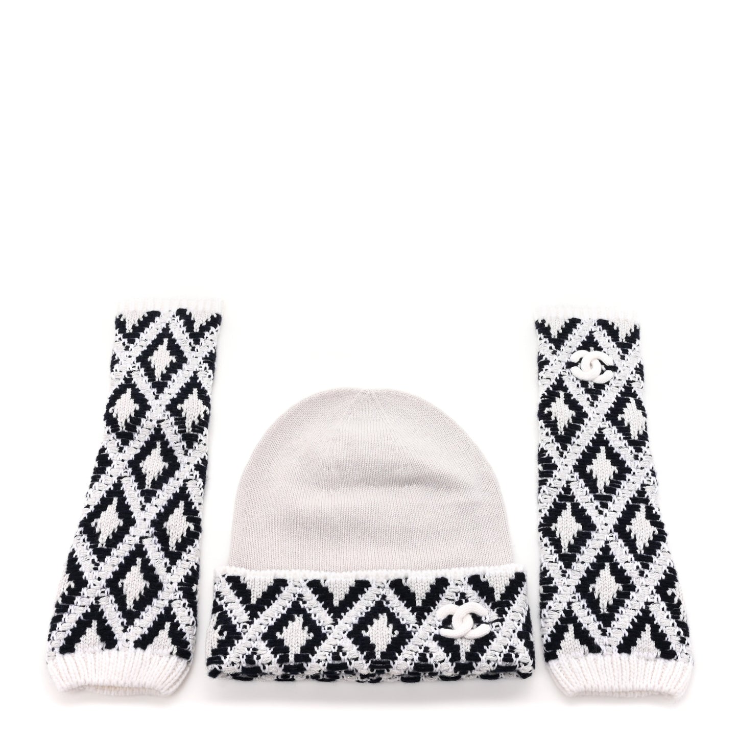 Cashmere Blend CC Beanie Hat With Gloves Set White Navy Blue