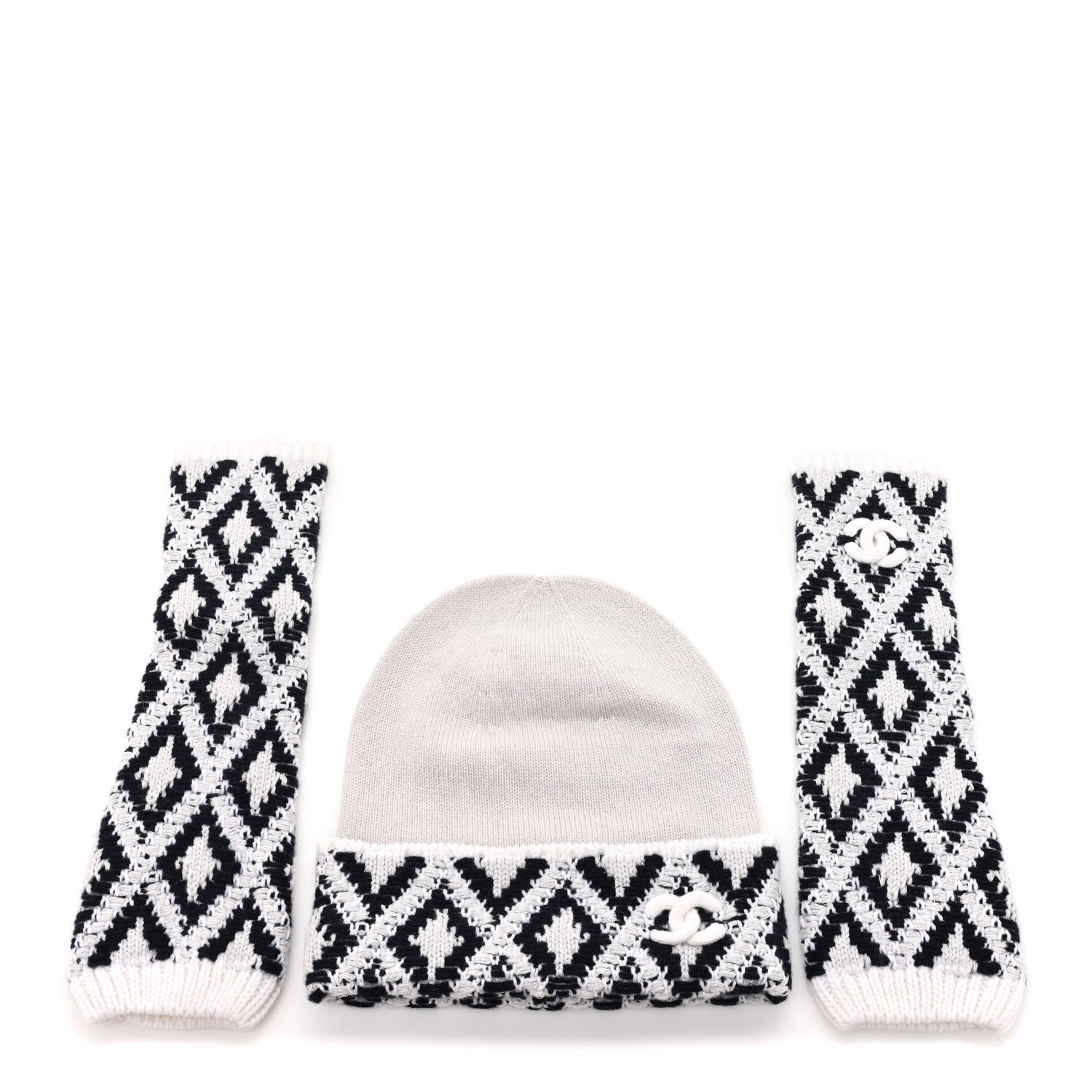 Chanel Cashmere Blend CC Beanie Hat With Gloves Set White Navy Blue 1 of 5