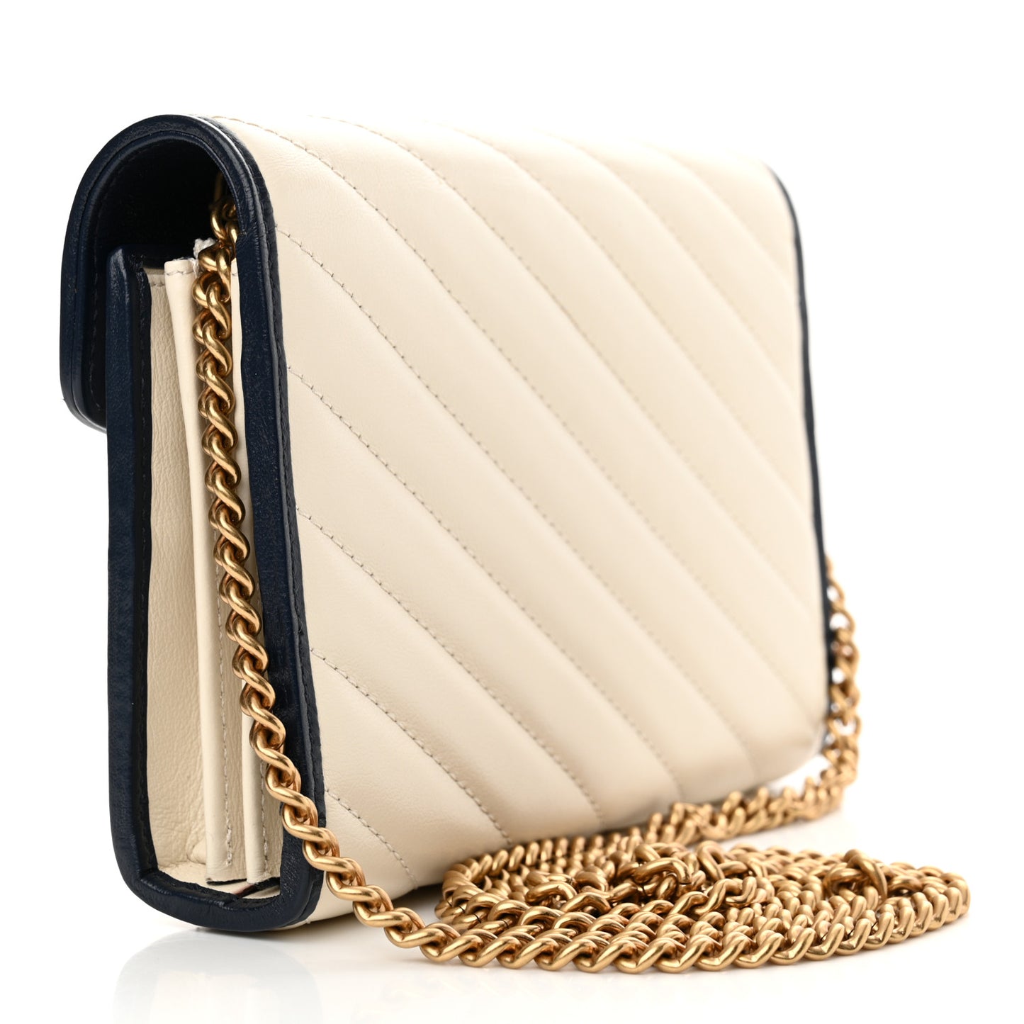 Vintage Effect Calfskin Matelasse Diagonal Torchon GG Marmont Chain Wallet Mystic White Blue Agata