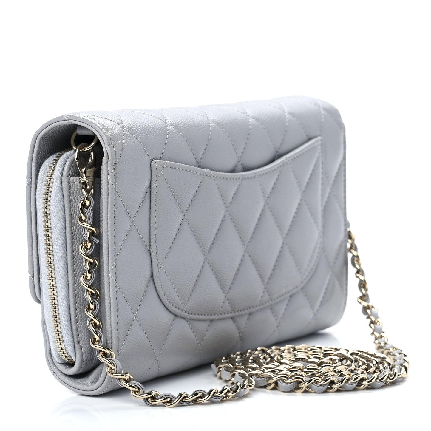 Caviar Quilted Phone Holder Wallet on Removable Chain Grey