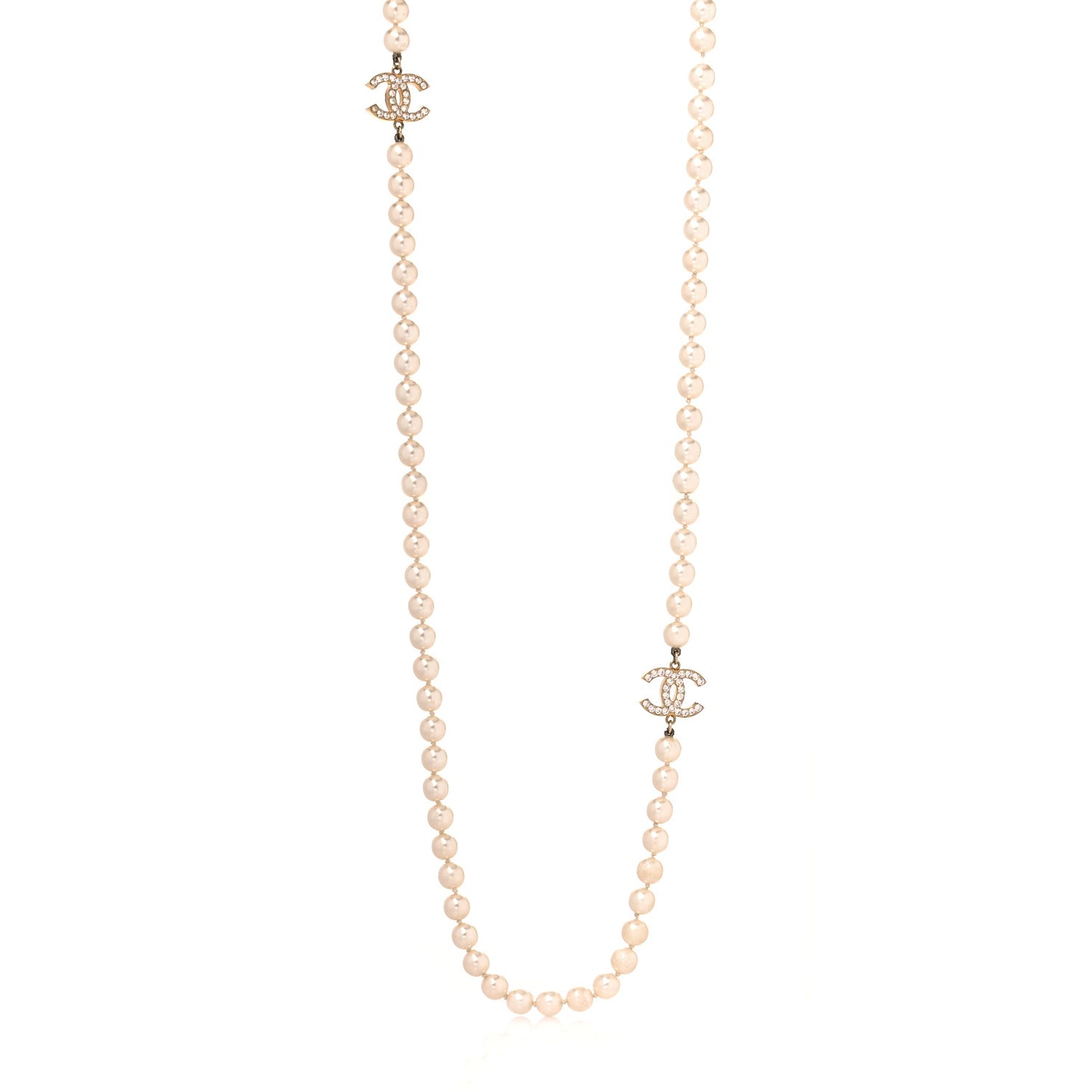 Crystal Pearl CC Long Necklace Gold