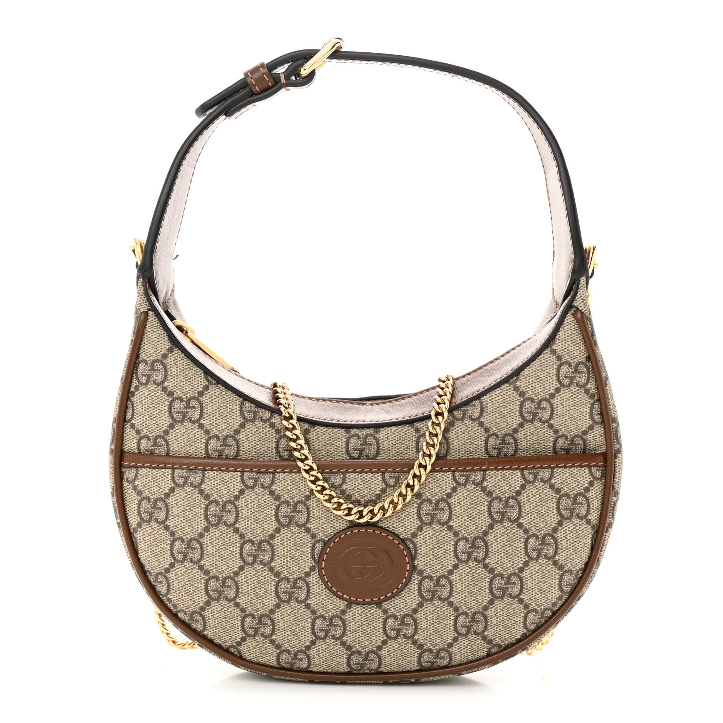 GG Supreme Monogram Azalea Calfskin Mini Retro Interlocking G Half Moon Bag Beige Ebony Brown Sugar