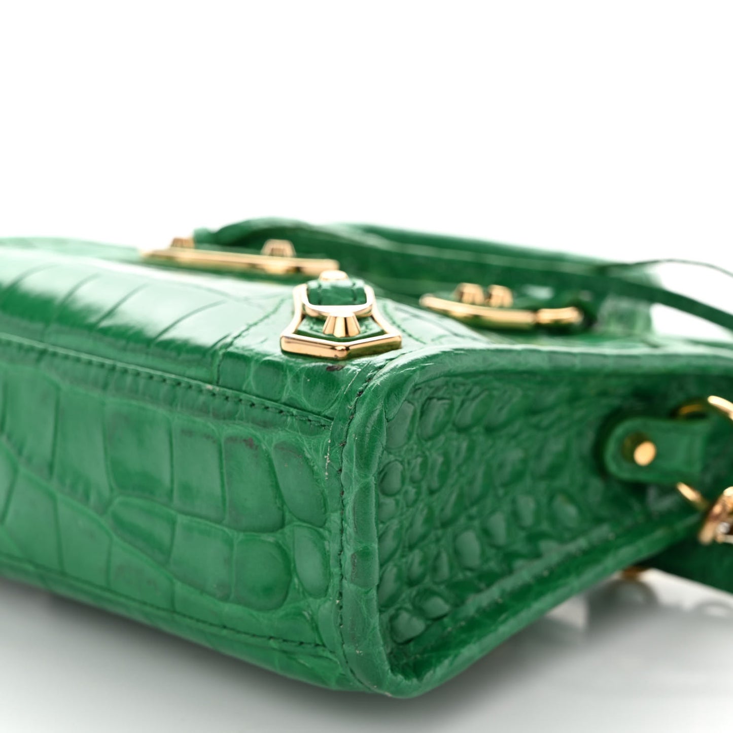 Shiny Supple Calfskin Crocodile Embossed Gold Metallic Edge Hardware Nano City Leaf Green