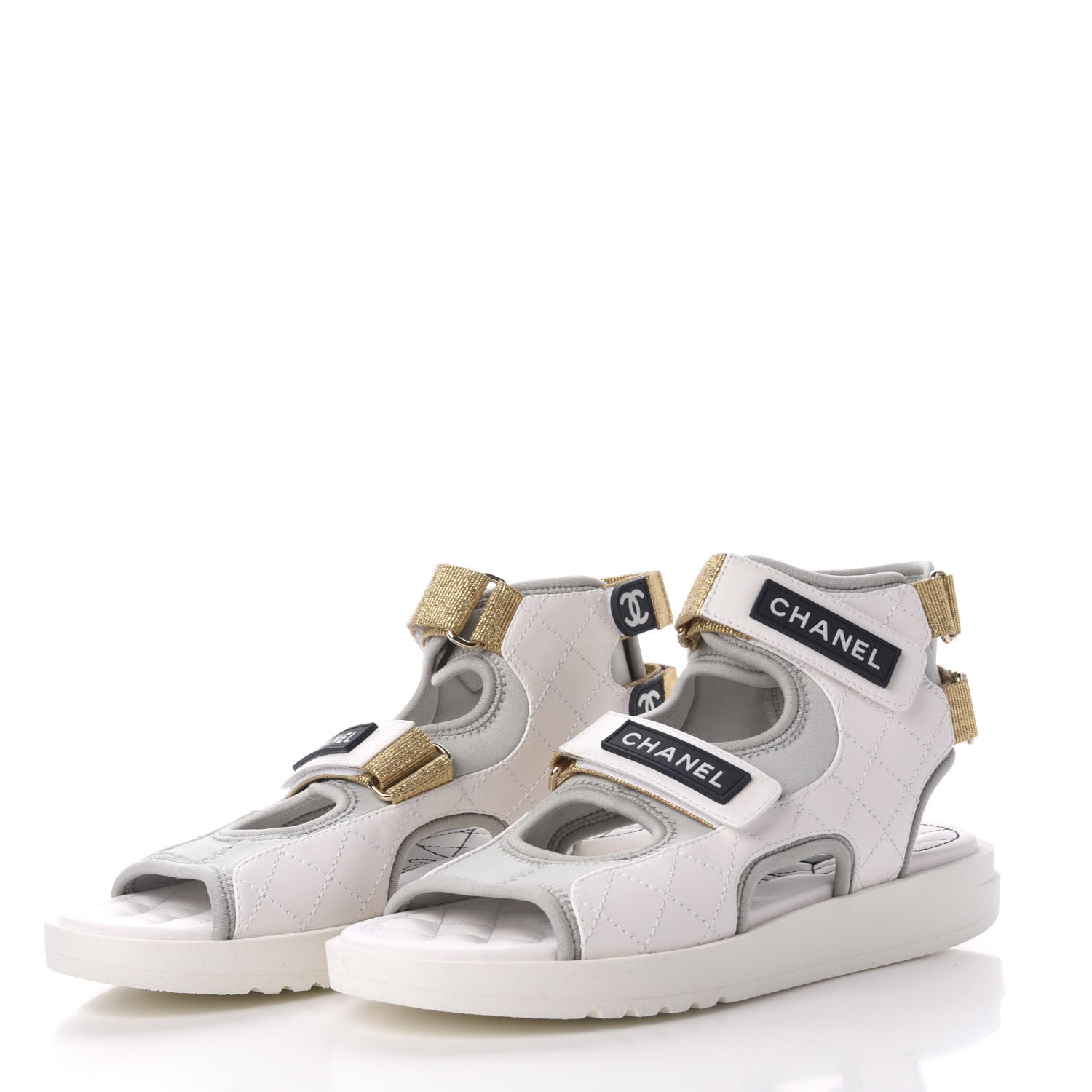 Chanel Goatskin Fabric Gladiator Sandals 39 White Light Grey Navy Blue 2 of 9
