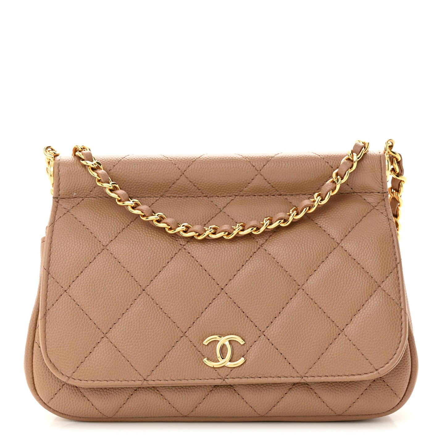 Caviar Quilted Flap Clutch With Chain Beige