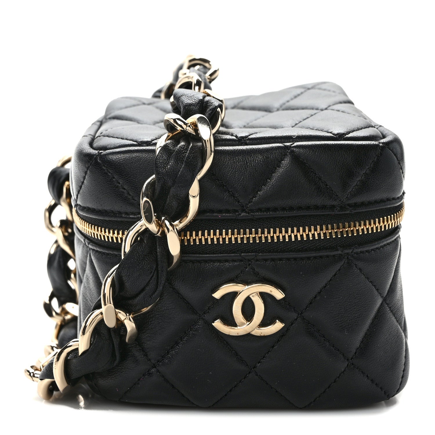 シャネル Chanel Lambskin Quilted Cube Chain Wristlet Case Black 1489006
