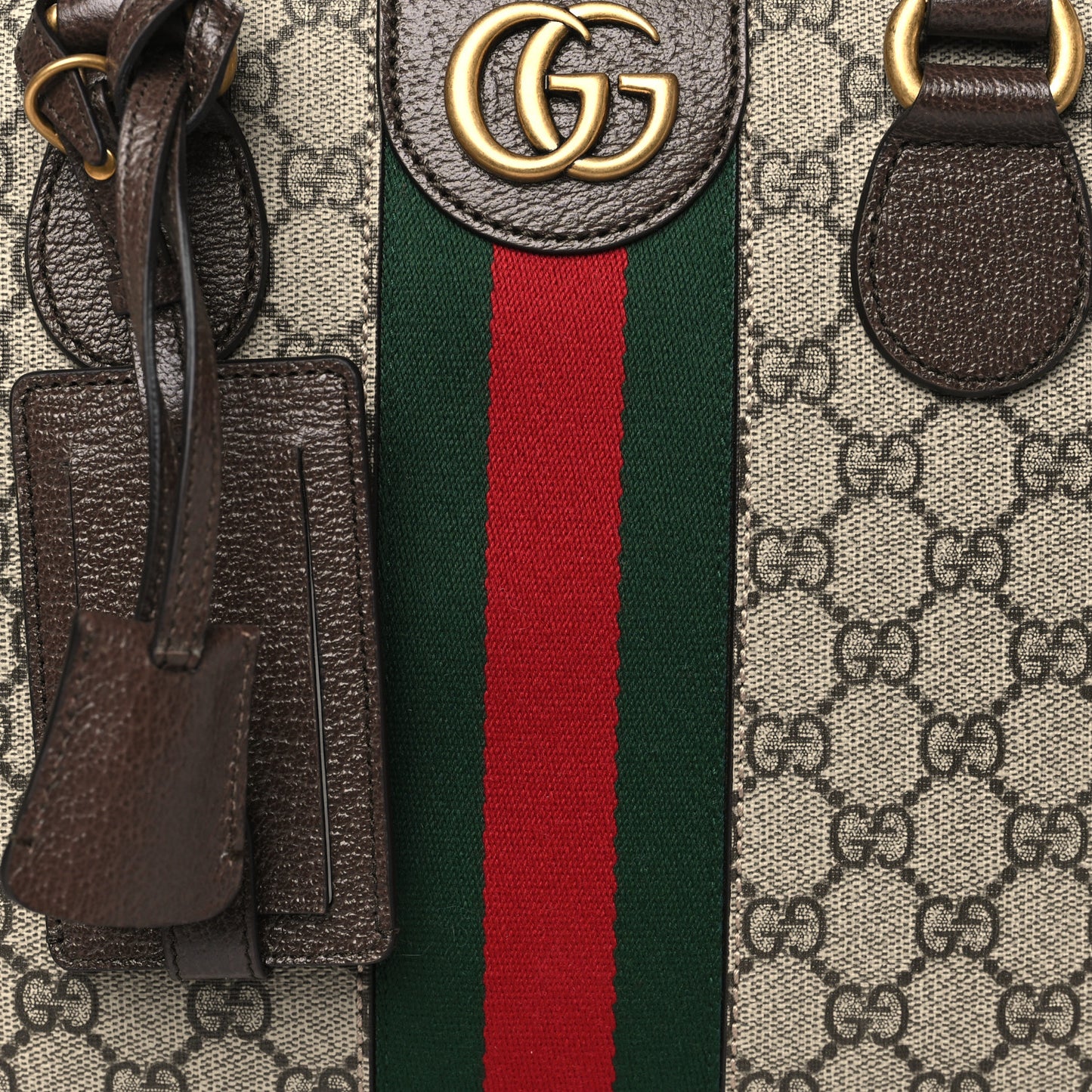 GG Supreme Monogram Textured Dollar Calfskin Web Medium Ophidia Top Handle Duffle Bag Beige Ebony New Acero