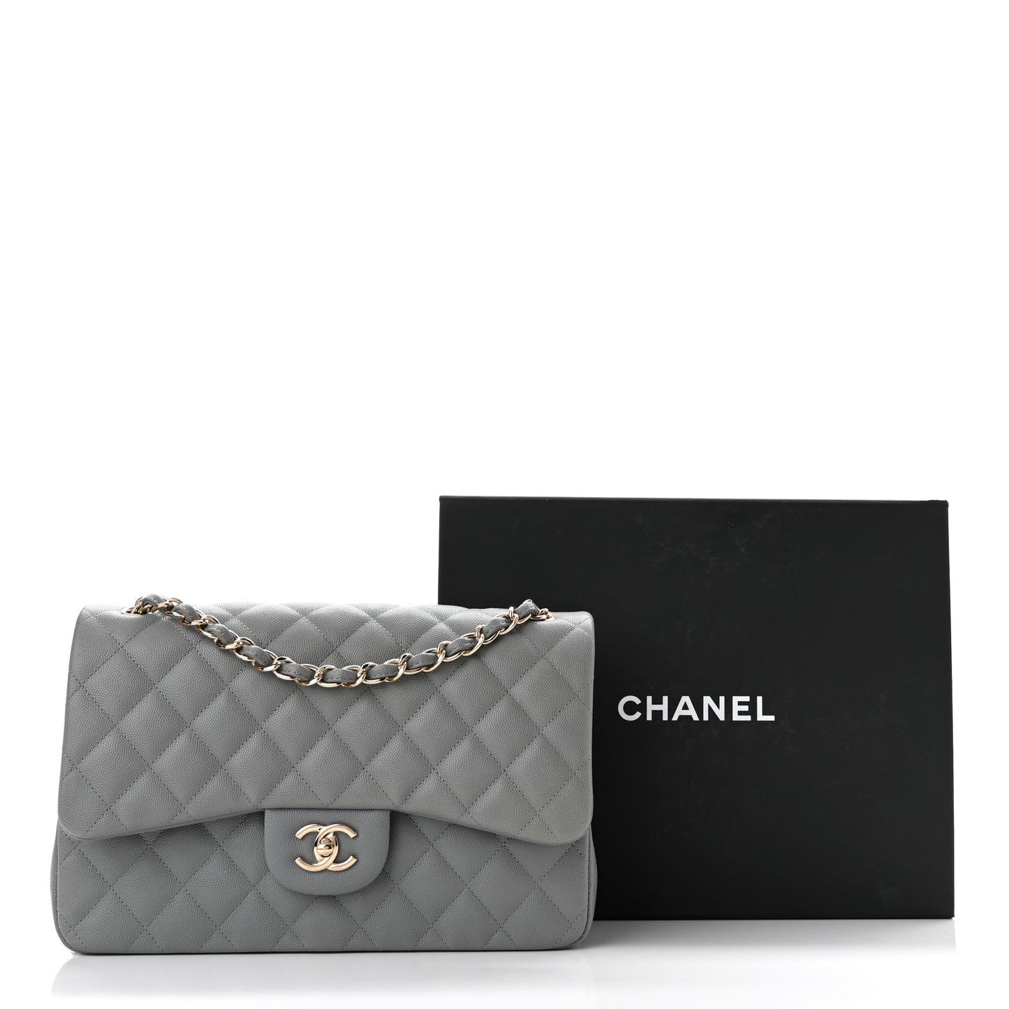 Caviar Quilted Jumbo Double Flap Grey