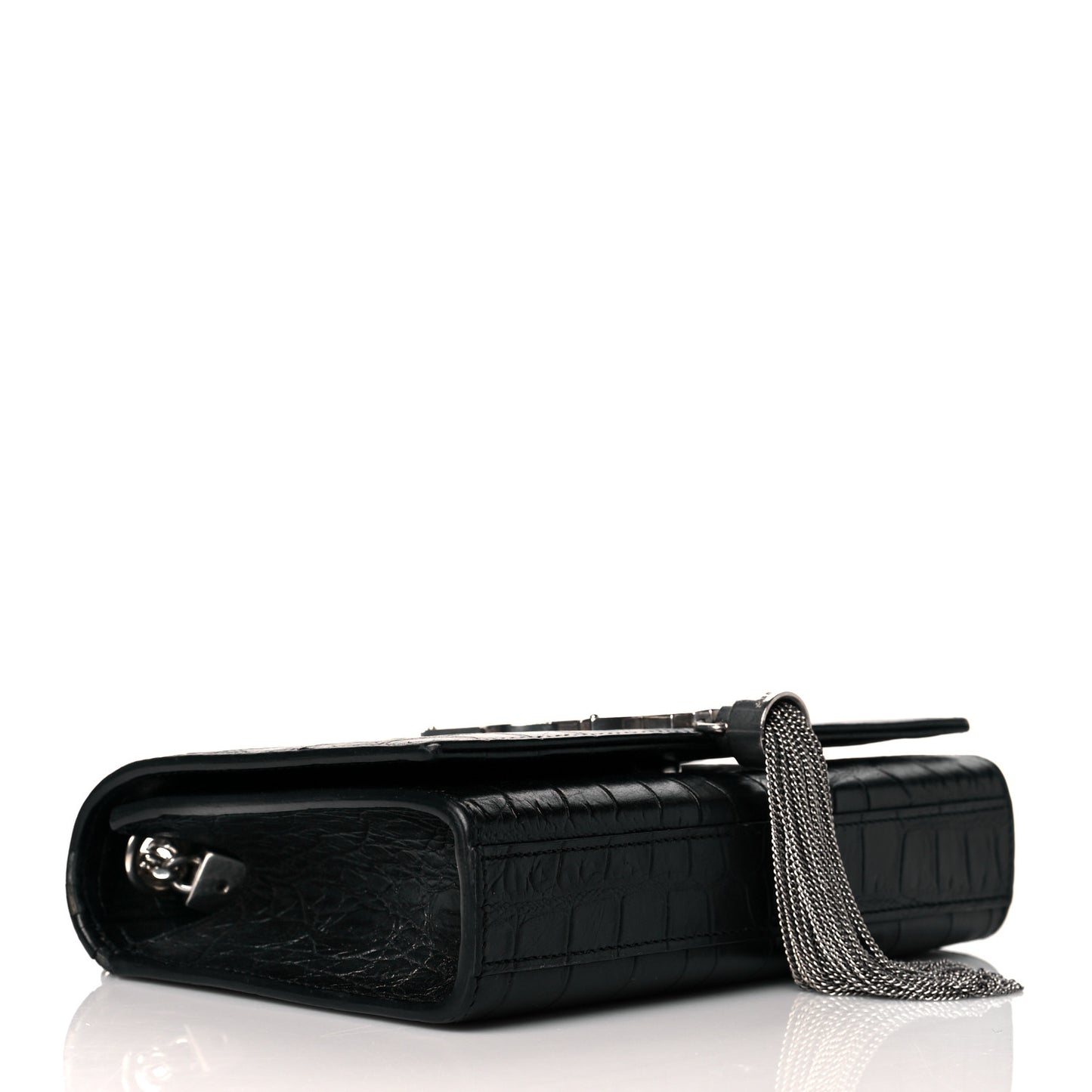 Calfskin Crocodile Embossed Monogram Small Kate Tassel Satchel Black