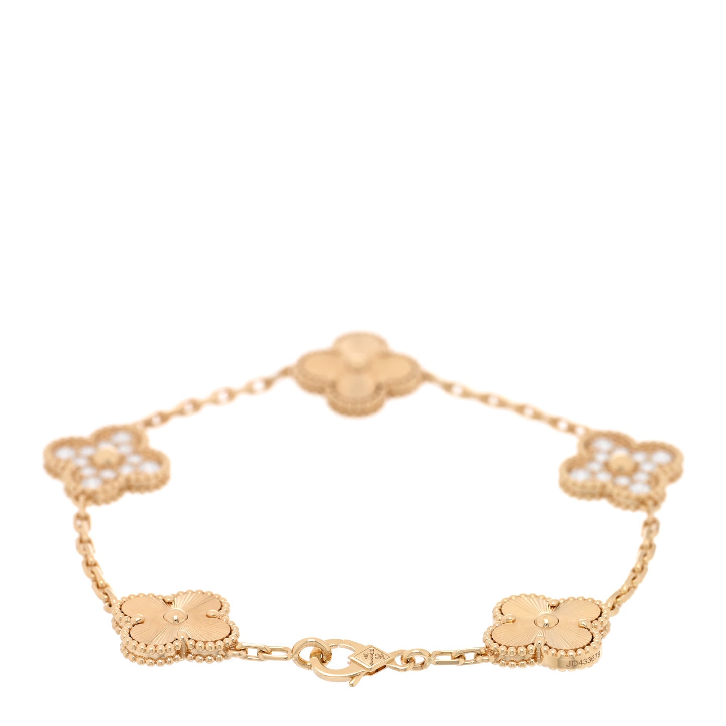 18K Yellow Gold Diamond 5 Motifs Guilloche Vintage Alhambra Bracelet