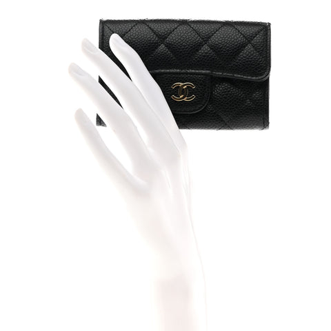 Caviar Quilted Flap Card Holder Wallet Black