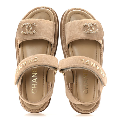 Suede Calfskin Velcro Dad Sandals 36 Beige