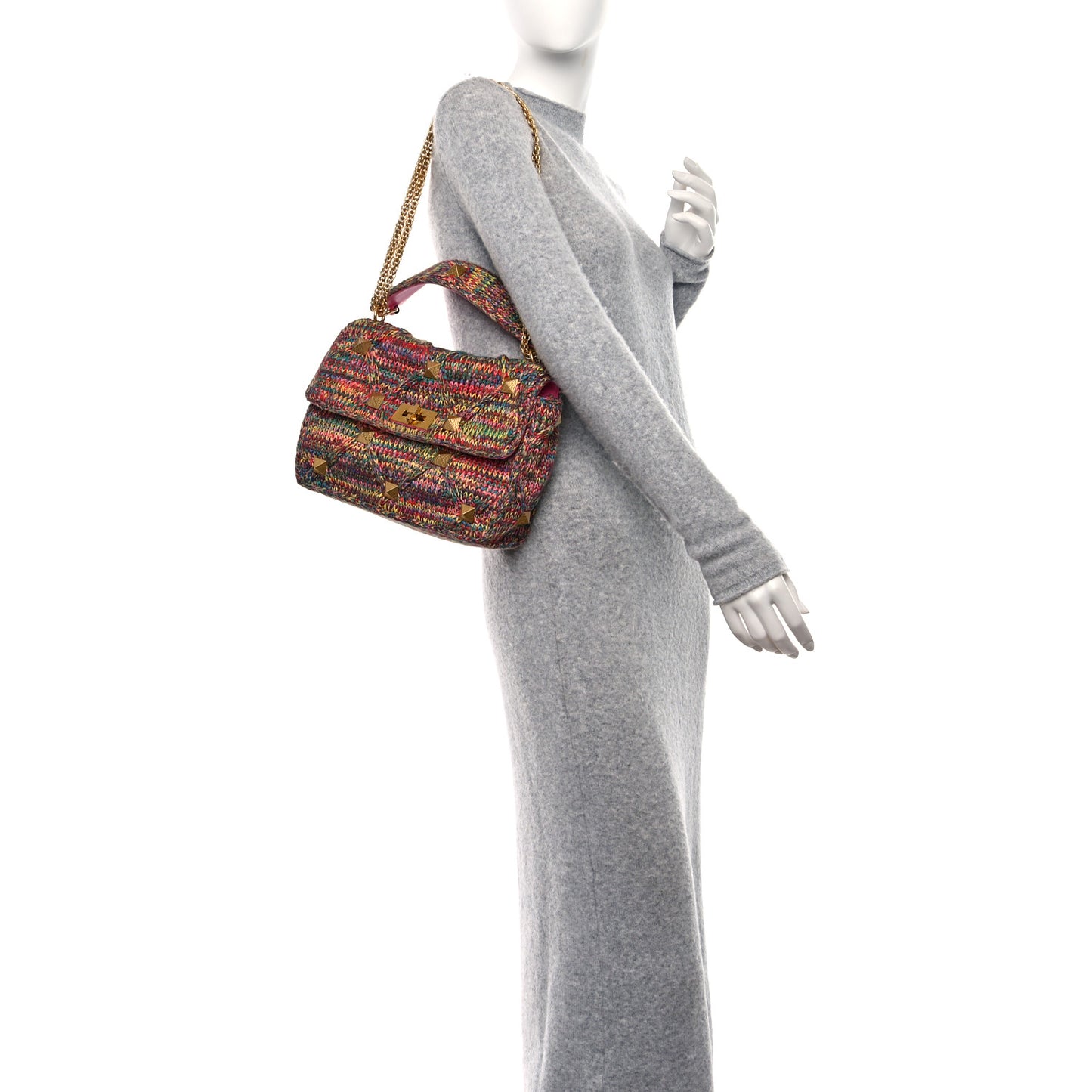 Wool Woven Large Roman Stud Shoulder Bag Multicolor Feminine Pink