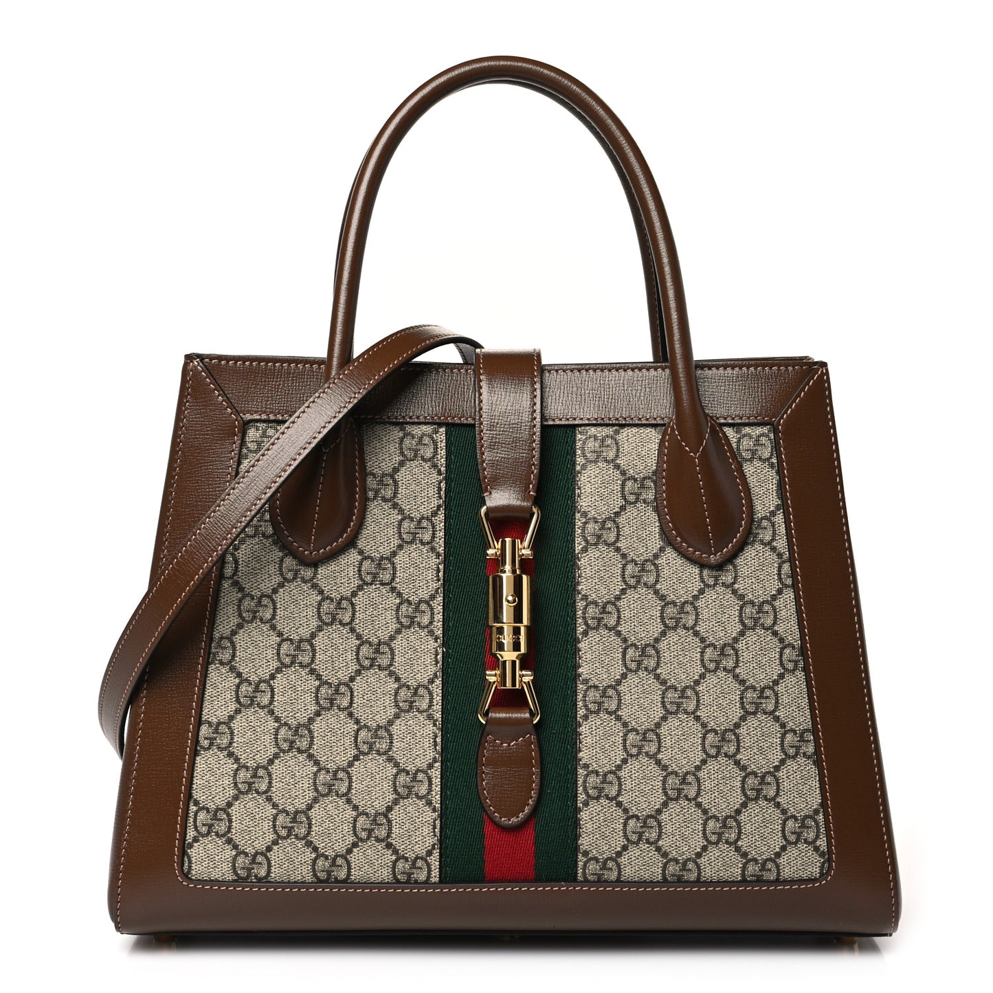 GG Supreme Monogram Azalea Calfskin Web Medium Jackie 1961 Tote Beige Ebony Brown Sugar