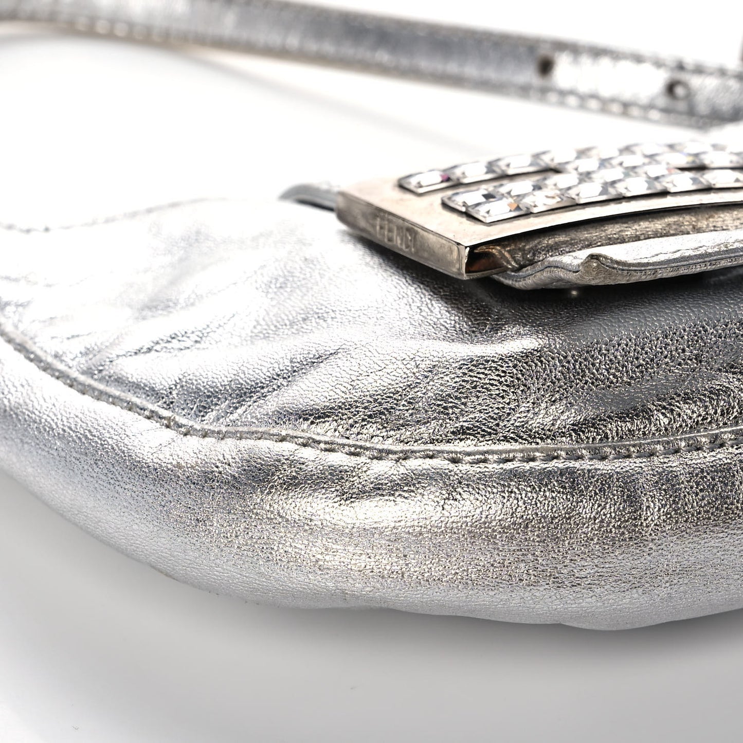 Metallic Calfskin Crystal Mini Half Moon Baguette Silver