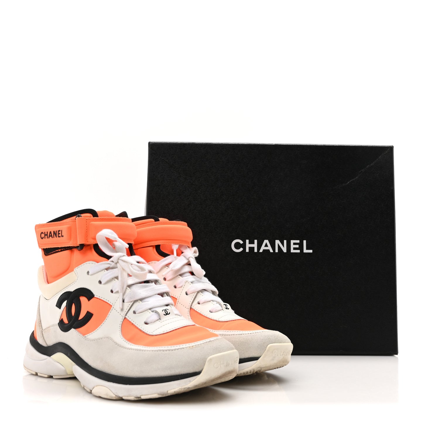 Suede Calfskin Lambskin Neoprene High Top CC Sneakers 36.5 White Fluo Orange