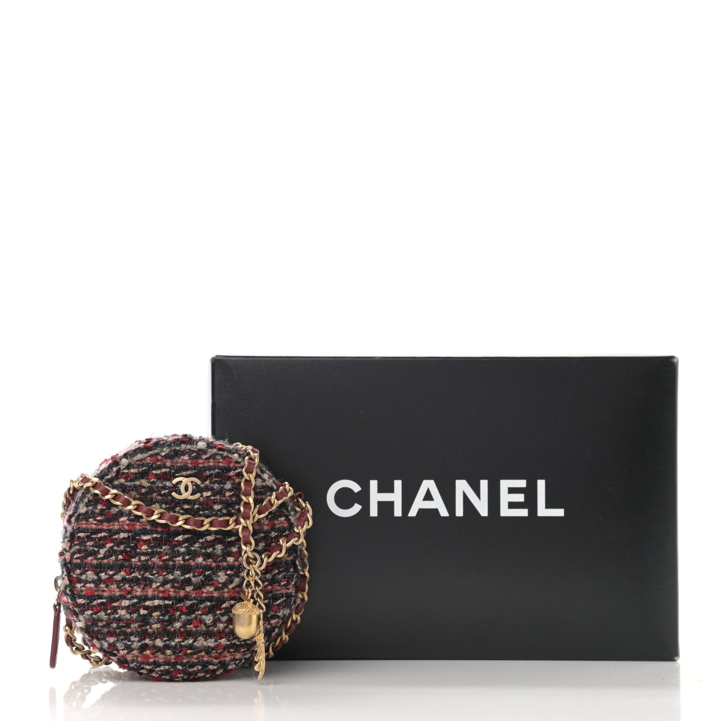 Tweed Quilted Round Clutch With Chain Red