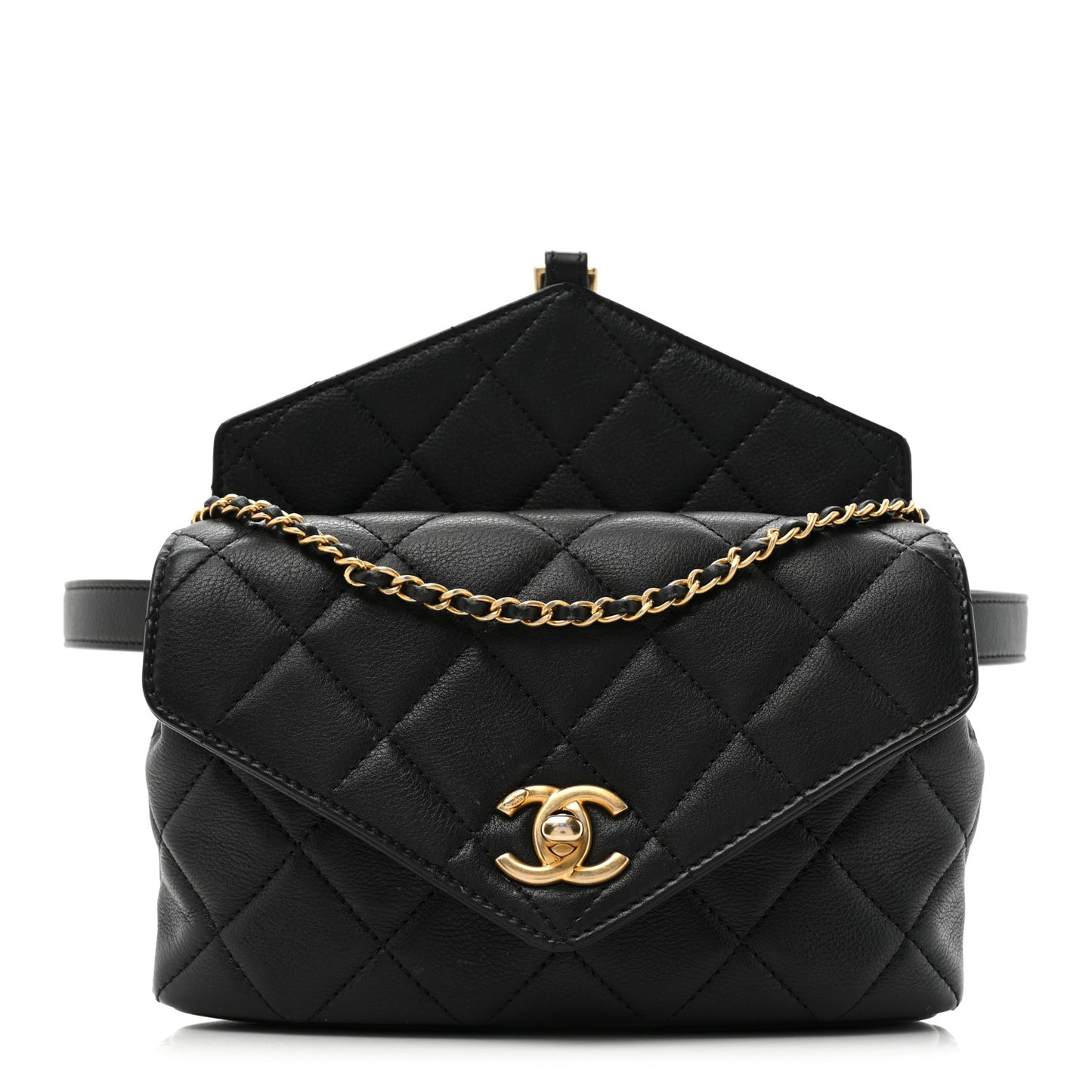 Calfskin Quilted Carry With Chic Flap Waist Bag With Chain Black