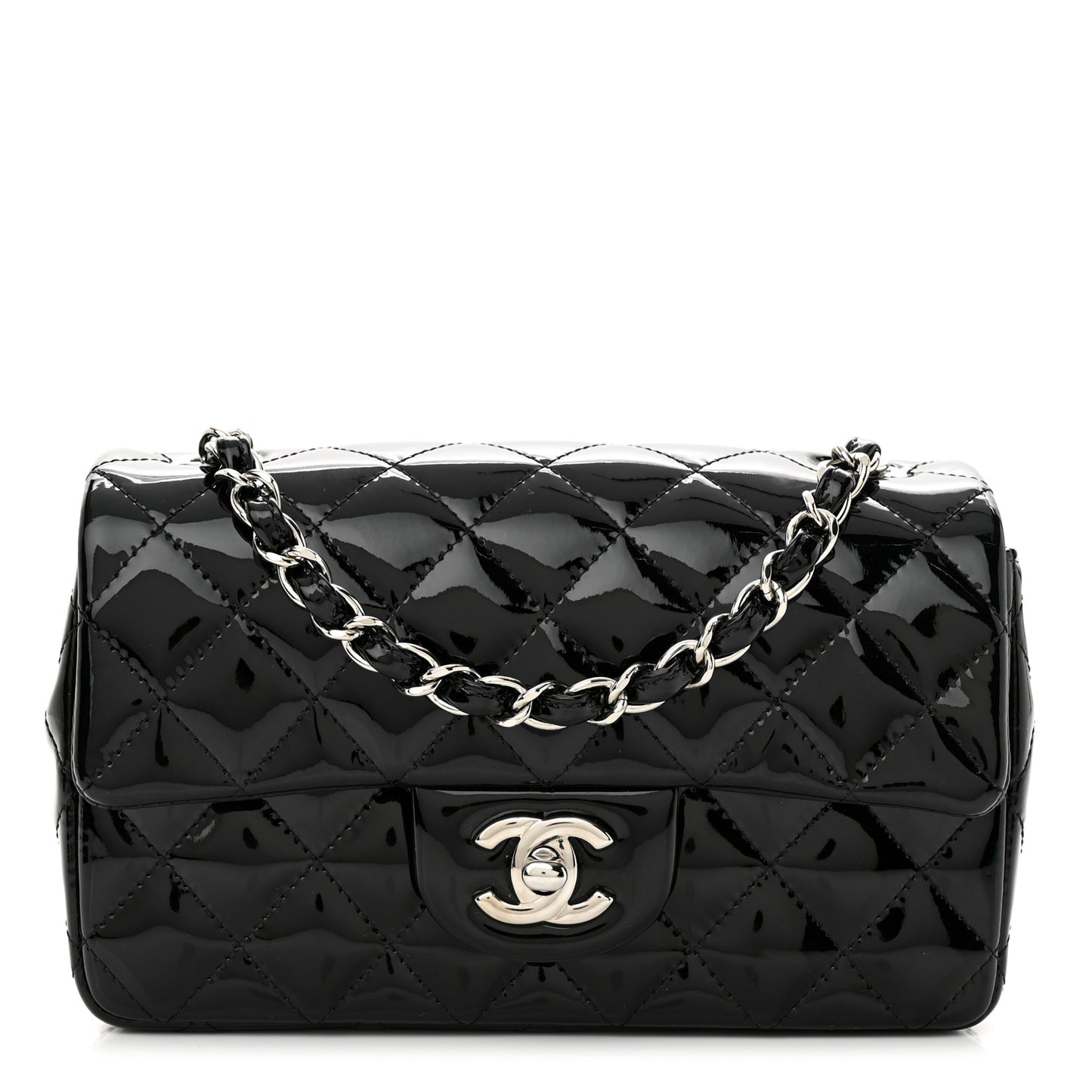 Patent Calfskin Quilted Mini Rectangular Flap Black