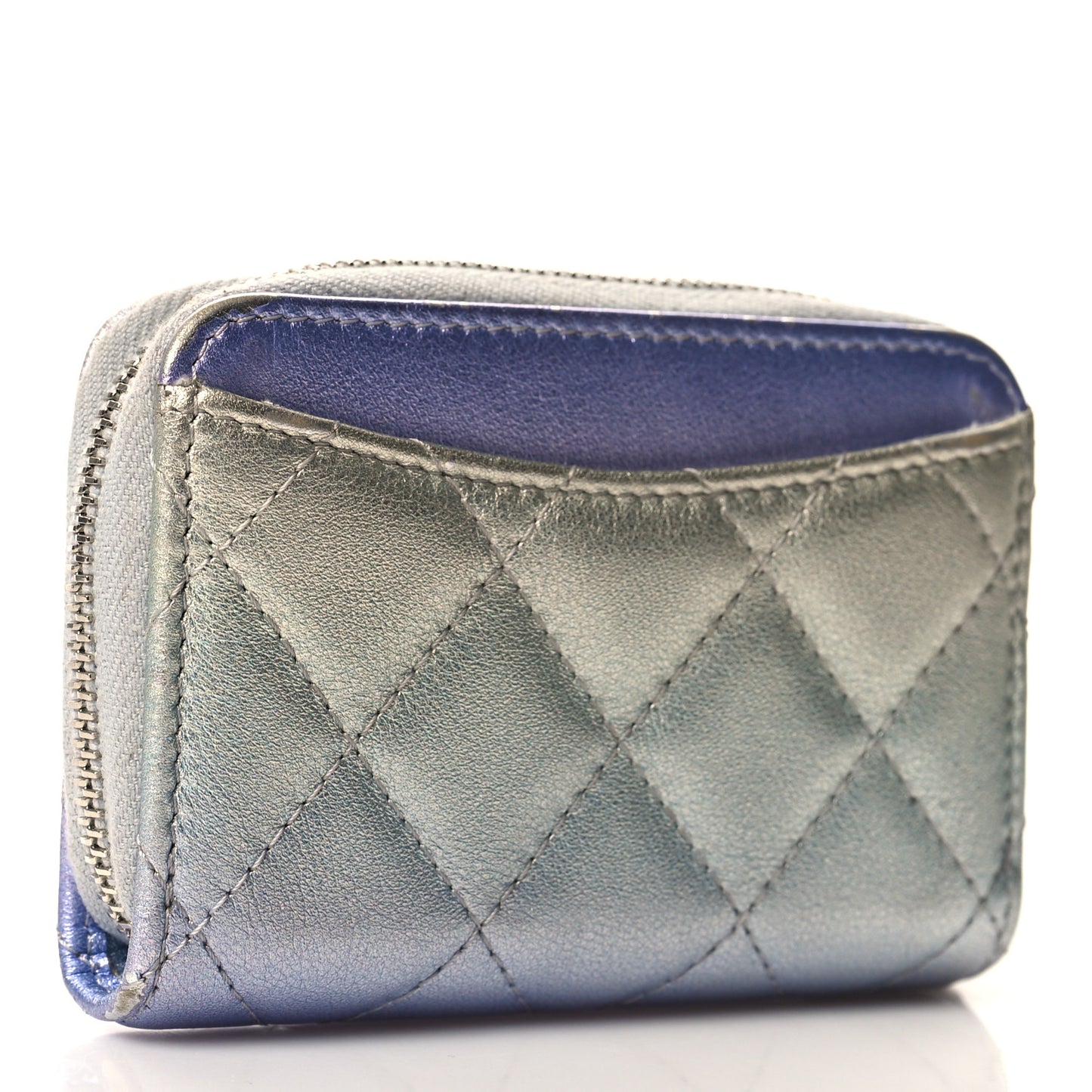 Iridescent Calfskin Quilted Zip Coin Purse Wallet Light Blue