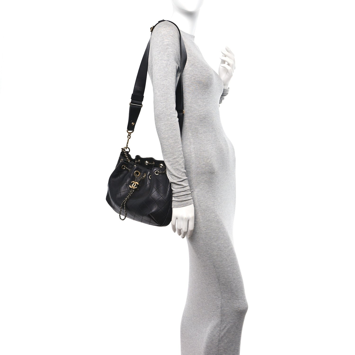 Chanel Calfskin Stitched Small Paris Rome Drawstring CC Bag Black 2 of 10