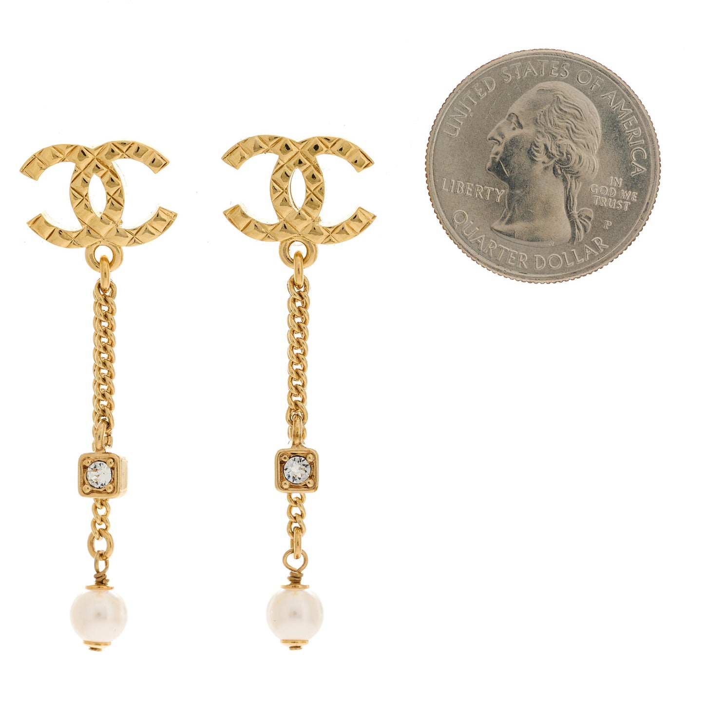 Crystal Pearl Quilted CC Chain Drop Earrings Gold