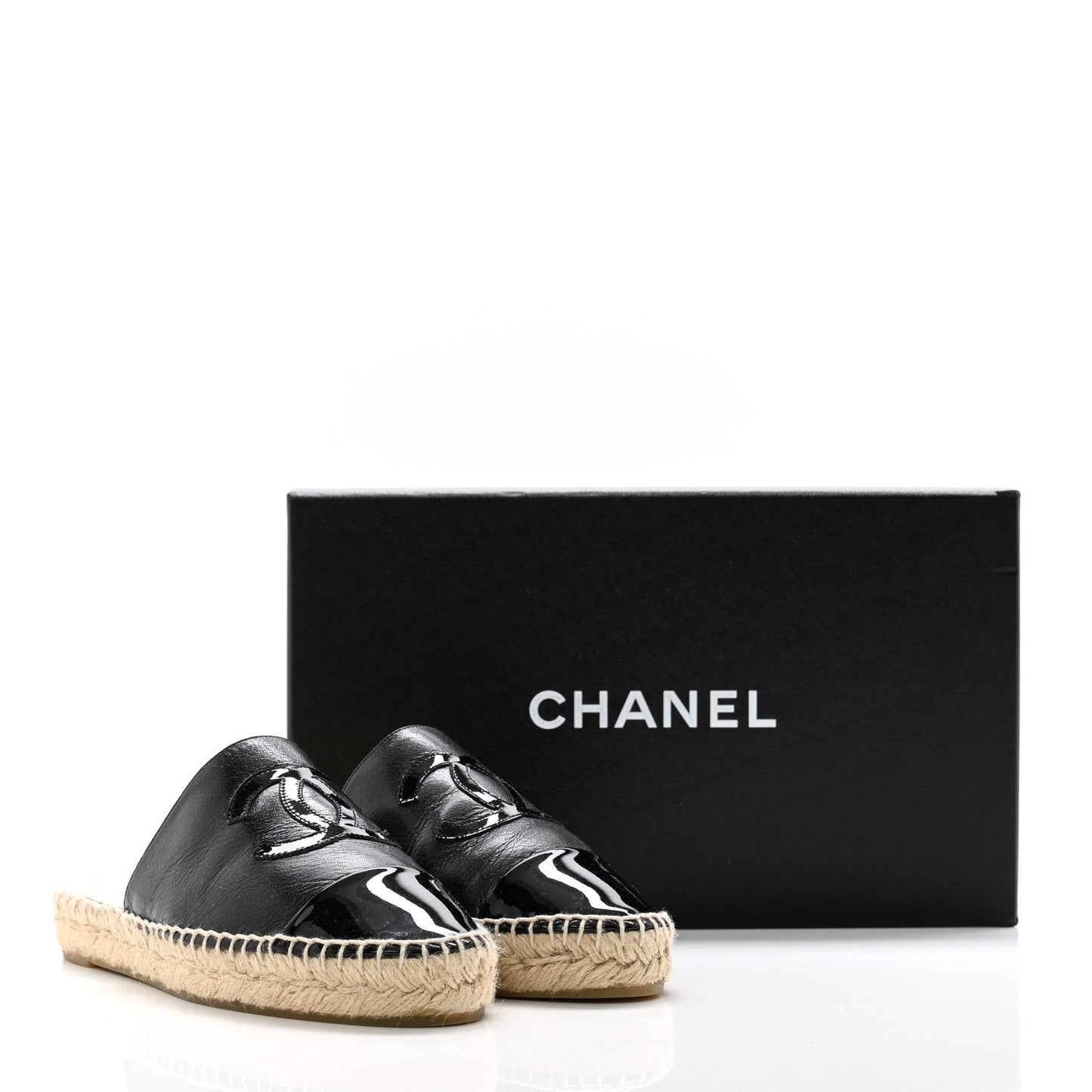 Iridescent Goatskin Patent CC Espadrille Mules 36 Black