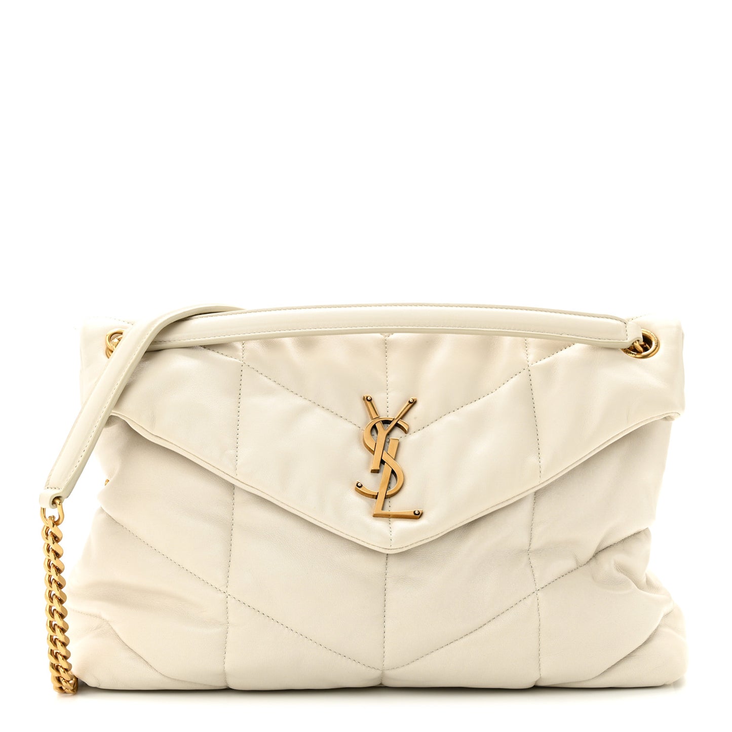 SAINT LAURENT Lambskin Quilted Medium Loulou Puffer Monogram Chain Satchel Crema Soft