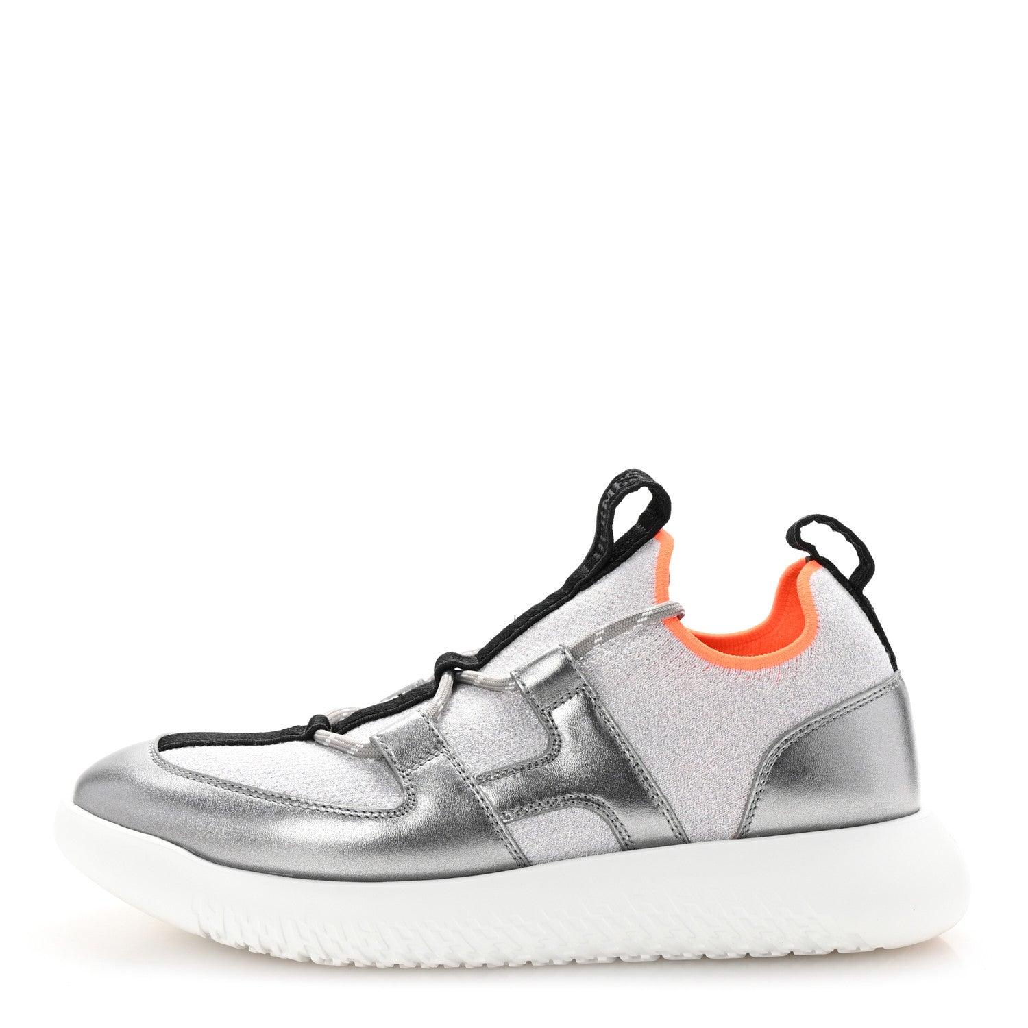 Hermes Knit Metallic Calfskin Womens Duel Sneakers 37.5 Argent