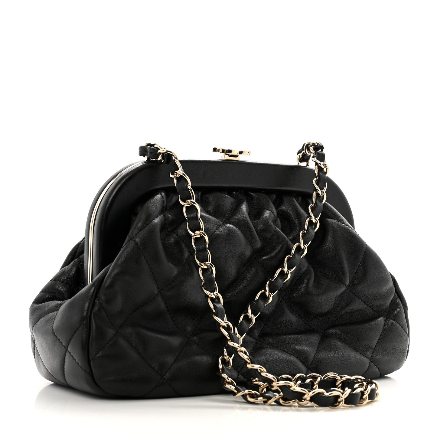 Lambskin Quilted CC Kisslock Clutch Black