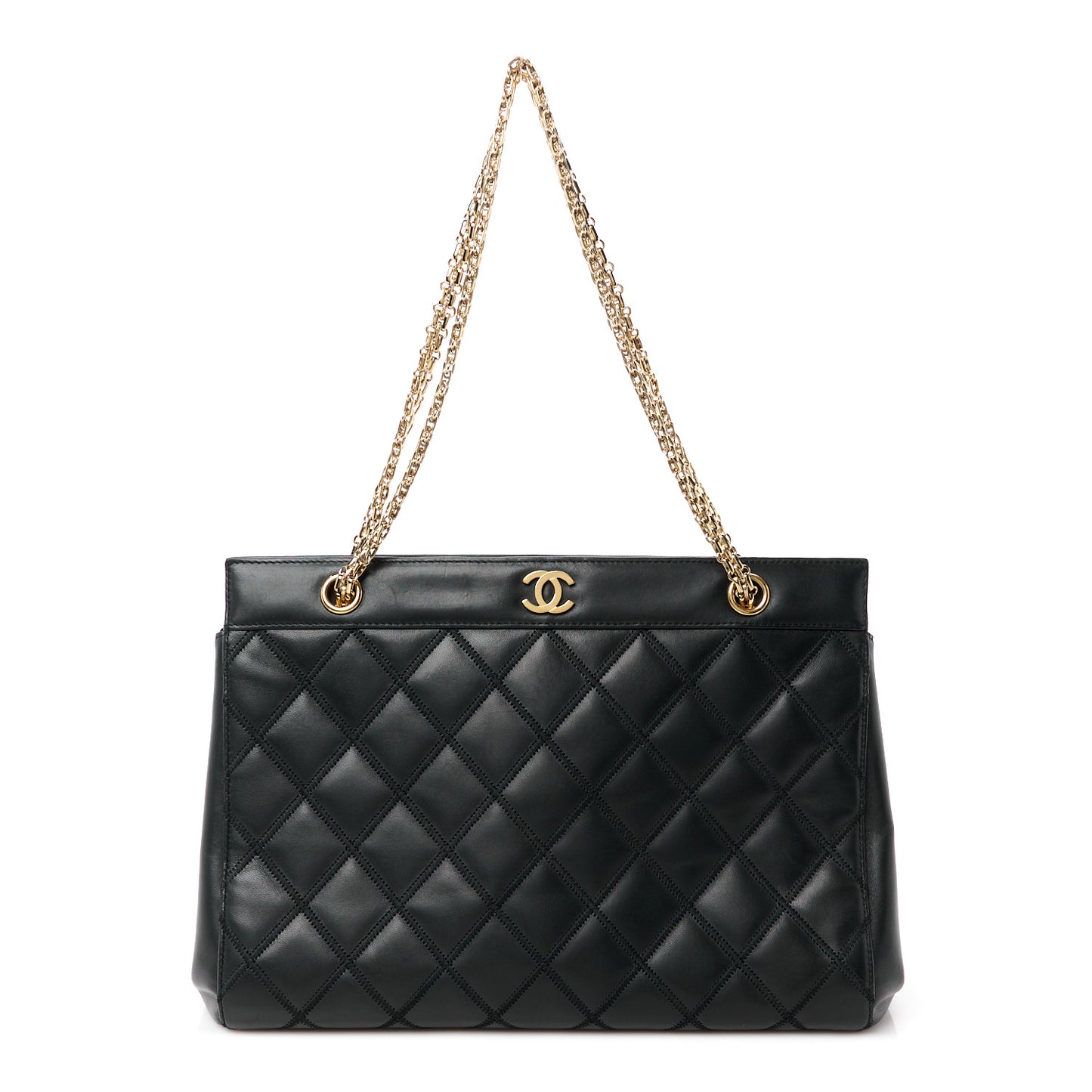 Lambskin Quilted Chain Shopping Tote Black