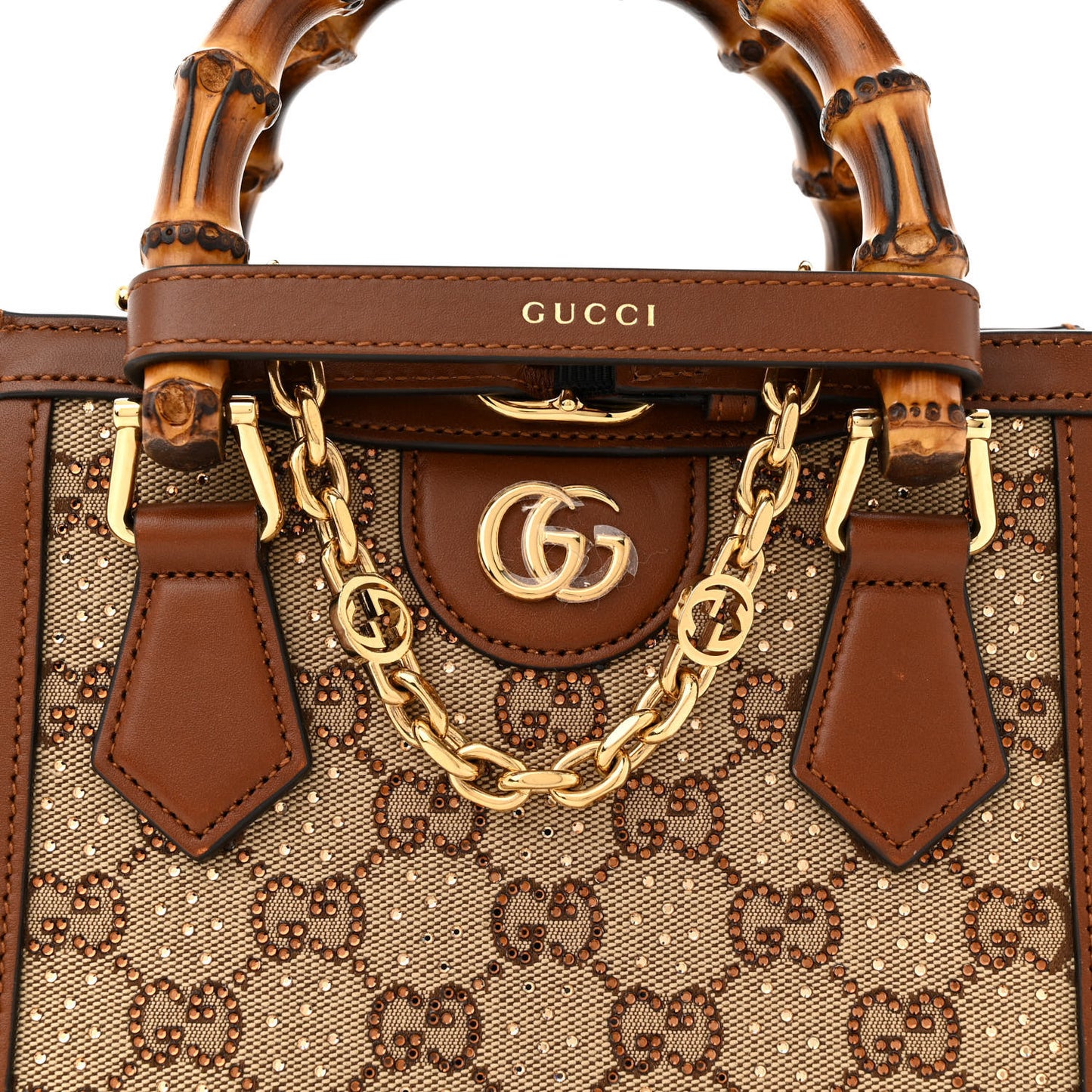 New Canvas Charisma Calfskin Crystal GG Monogram Mini Diana Tote Bag Camel Ebony