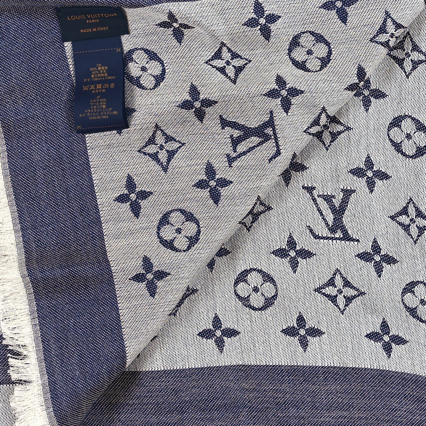 Silk Wool Monogram Denim Shawl Blue